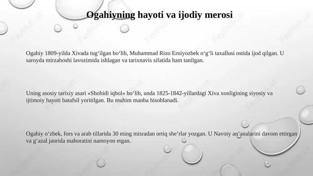 a muhammad rahimxon i davridan boshlab olloqulixon hukmronligigacha bo'lgan davr aks etgan. ushbu asar nafaqat tarixiy manba, balki adabiy yodgorlik hamdir. unda ogahiyning poetik mahorati va tarixiy voqealarga bo'lgan shaxsiy munosabati namoyon bo'lgan. ogahiyning «riyoz ud-davla» asari: davlat boshqaruvi masalalari ogahiy asarida soliq yigʻishning 5 usuli, xazina boshqaruvi va davlat xizmatchilarining 7 vazifasi kabi aniq koʻrsatmalar berilgan. «riyoz ud-davla» asarida davlat boshqaruvi masalalari 12 bobda yoritilgan boʻlib, adolat, kengash, va sadoqat kabi 3 asosiy tamoyilga urgʻu berilgan. «riyoz ud-davla»da podshohning 9 fazilati, jumladan, bilimdonlik, shafqatlilik, va xalq manfaatini oʻylash kabi jihatlar tahlil qilingan. ogahiyning tarjimalarida badiiylik va aniqlik muammosi ogahiy tarjimalarida aniqlik masalasi ko'pincha arabcha va forscha so'zlarning o'zbek tiliga moslashuvidagi nozikliklar bilan bog'liq, bu esa 19-asr adabiyotining xususiyati edi. ogahiyning tarjimalarida badiiylikning namoyon bo'lishi, ayniqsa, she'riy shakllarni saqlashga urinishda ko'rinadi, garchi ba'zan bu aniqlikka zarar yetkazishi mumkin edi. tarjima jarayonida ogahiy matnning ma'nosini yetkazish bilan birga, uning estetik qiymatini …