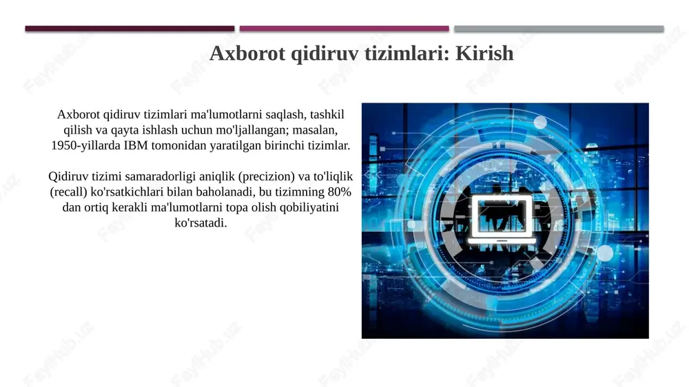 almashinuvini amalga oshirib, html sahifalarni ko'rish imkonini beradi. axborot xavfsizligi va maxfiyligi axborot xavfsizligida kriptografik usullar, masalan, aes-256 shifrlash algoritmi, ma’lumotlarni ruxsatsiz kirishdan himoya qilish uchun qoʻllaniladi, bu esa maxfiylikni ta’minlaydi. maxfiylikni ta’minlash uchun ikki faktorli autentifikatsiya (2fa) kabi texnologiyalar ishlatiladi, bunda foydalanuvchi 99.9% holatda faqat o'zi biladigan kodni kiritadi. axborot qidiruv tizimlari va akt integratsiyasi axborot qidiruv tizimlari akt bilan integratsiyalashuvi, ma'lumotlarga 0.5 soniyada kirishni ta'minlab, samaradorlikni 30% ga oshiradi hamda natijalarni tahlil qilishni soddalashtiradi. akt integratsiyasi qidiruv tizimlarida 128-bitli shifrlash orqali ma'lumotlar xavfsizligini kuchaytiradi, shuningdek, real vaqt rejimida 99% aniqlik bilan monitoring olib boriladi. kattalashtirilgan ma'lumotlar uchun axborot qidiruv tizimlari kattalashtirilgan ma'lumotlar uchun axborot qidiruv tizimlari 100 terabaytdan ortiq ma'lumotlar to'plamlarini qayta ishlash uchun mo'ljallangan bo'lib, samarali indekslash usullarini qo'llaydi. ushbu tizimlar parallel hisoblash va taqsimlangan arxitekturalardan foydalanadi, masalan, hadoop va spark, terabayt hajmli so'rovlarni bir necha soniyada bajarish imkonini beradi. sun'iy intellekt va axborot qidiruv tizimlari sun'iy …