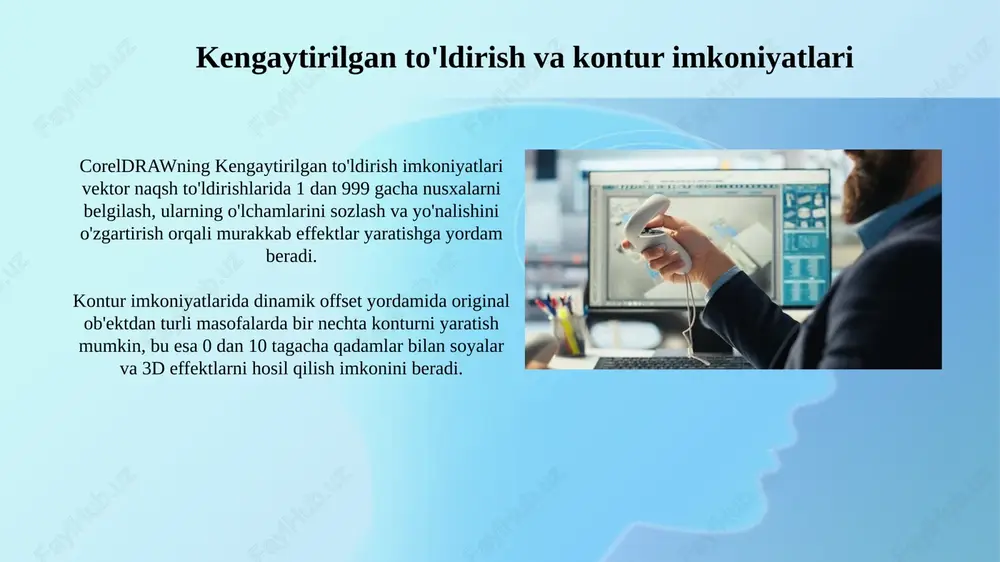 . coreldraw-da skriptlash va avtomatlashtirish coreldraw-da vba (visual basic for applications) orqali skriptlar yozish, vazifalarni avtomatlashtirish va 100 dan ortiq turli xil funksiyalarni boshqarish imkonini beradi. coreldraw api (application programming interface) obyektlar modelini taqdim etadi, u orqali ob'ektlar bilan ishlash, ularni yaratish, o'zgartirish va 25 dan ortiq xususiyatlarini sozlash mumkin. makroslar yaratish va ulardan foydalanish coreldraw makroslari vba (visual basic for applications) da yoziladi, bu esa foydalanuvchilarga ob'ektlar bilan ishlashni avtomatlashtirish, masalan, 100 ta tasvirning rangini o'zgartirish imkonini beradi. makroslarni yozish uchun coreldraw ichida vba muharriri mavjud; u yerda siz ob'ekt xususiyatlarini o'zgartirishingiz, fayllarni import/eksport qilishingiz va 2d shakllarni yaratishingiz mumkin. 3d modellashtirish asoslari 3d modellashtirishda ekstruziya – bu 2d shaklni 3d ob'ektga aylantirish jarayoni bo'lib, unga chuqurlik beriladi. coreldrawda ekstruziya uchun bir nechta sozlamalar mavjud, masalan, qalinlik va burchakni o'zgartirish imkoniyati. burilish 3d ob'ekt yaratish usuli bo'lib, 2d shaklni o'q atrofida aylantirish orqali amalga oshiriladi. coreldrawda burilish burchagi 360 …
