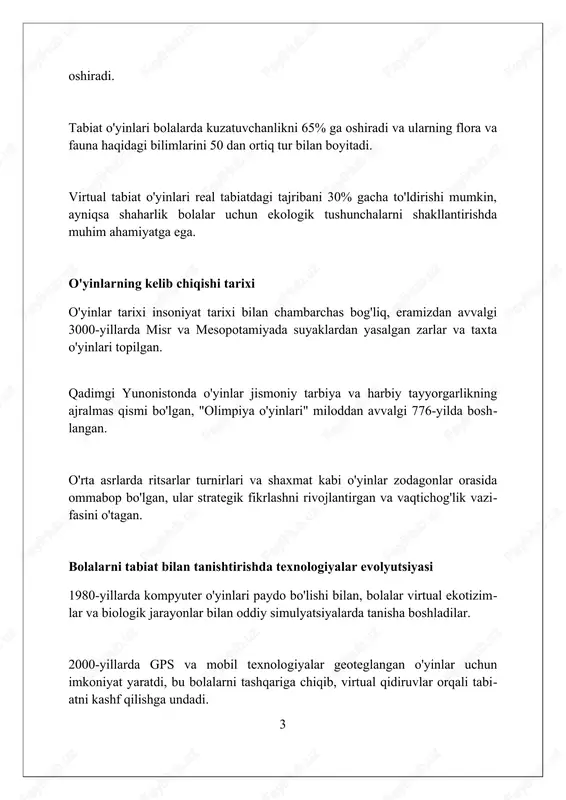 berishga yordam beradi. mobil o'yinlar gps va geolokatsiya kabi funksiyalardan foydalanib, 2d xarita- lar ustida virtual elementlarni joylashtirgan holda, ochiq havoda o'yin tajribasini yaratadi. o'yinlar orqali ekologik ongni shakllantirish 1970-yillarda ekologik o'yinlar boshlandi, "ekologiya" simulyatsiyasi orqali resurslarni boshqarish va barqarorlik tushunchalari bolalarga yetkazildi, atrof- muhitga e'tiborni oshirish maqsadida. o'yinlar orqali ekologik ongni shakllantirishda virtual reallik (vr) texnologiyasi qo'llanilishi mumkin, bu 3d muhitda tajriba o'tkazishga va ekotiz- imlarni interaktiv tarzda o'rganishga yordam beradi. 2000-yillardan boshlab, onlayn o'yinlar orqali global ekologik muammolarni (masalan, iqlim o'zgarishi) simulyatsiya qilish, bolalarda jamoaviy qaror qabul qilish ko'nikmalarini rivojlantirishga yordam beradi. mu successful o'yinlarni yaratish tamoyillari o'yinlarda aniq maqsadlarni belgilash, foydalanuvchilarga 3 ta asosiy vazifani tushuntirish va doimiy ravishda 5 yulduzli baholash imkoniyatini ta'minlash muhim. 6 mu uspeshnie o'yinlar qiziqarli hikoyalar, kuchli personajlar va 10 dan ortiq yangi funksiyalarni o'z ichiga olgan innovatsion dizayn echimlariga ega bo'ladi. o'yin mexanikasi 7/24 qoidasiga asoslanib, foydalanuvchilarga qulay interfeys, 12 ta …