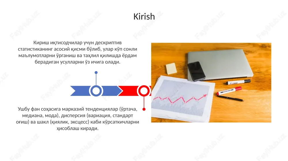 acha bo'lib, 0 bog'liqlik yo'qligini bildiradi. regressiya tahlili bir o'zgaruvchining boshqa o'zgaruvchiga ta'sirini o'rganadi; masalan, reklama xarajatlarining (x) savdoga (y) ta'siri y = a + bx tenglama orqali ifodalanadi. vaqt seriyasi tahliliga kirish vaqt seriyalari tahlili iqtisodiy o'zgarishlarni vaqt davomida kuzatib, ularning o'rtacha qiymatlari, o'zgarish diapazoni va tendentsiyalarini baholashga yordam beradi. avtokorrelyatsiya va qisman avtokorrelyatsiya funksiyalari (acf/pacf) vaqt seriyalari tahlilida o'tmishdagi qiymatlarning kelajakdagi qiymatlarga ta'sirini aniqlash uchun ishlatiladi. xulosa xulosa statistikasi iqtisodchilarga ma'lumotlarni jamlash va taqdim etish uchun muhimdir, masalan, yaimning o'rtacha o'sish sur'ati 3,2 foizni tashkil qiladi. iqtisodiy tadqiqotlarda xulosa statistikasi, masalan, standart og'ish 2,5 birlik bo'lgan daromad tengsizligini tahlil qilishda qo'llaniladi. e'tiboringiz uchun rahmat image3.png image5.jpg image6.jpg image7.jpg image8.jpg image9.jpg image10.jpg image11.jpg image12.jpg image13.jpg image14.jpg image15.jpg image16.jpg image1.jpeg image2.jpeg