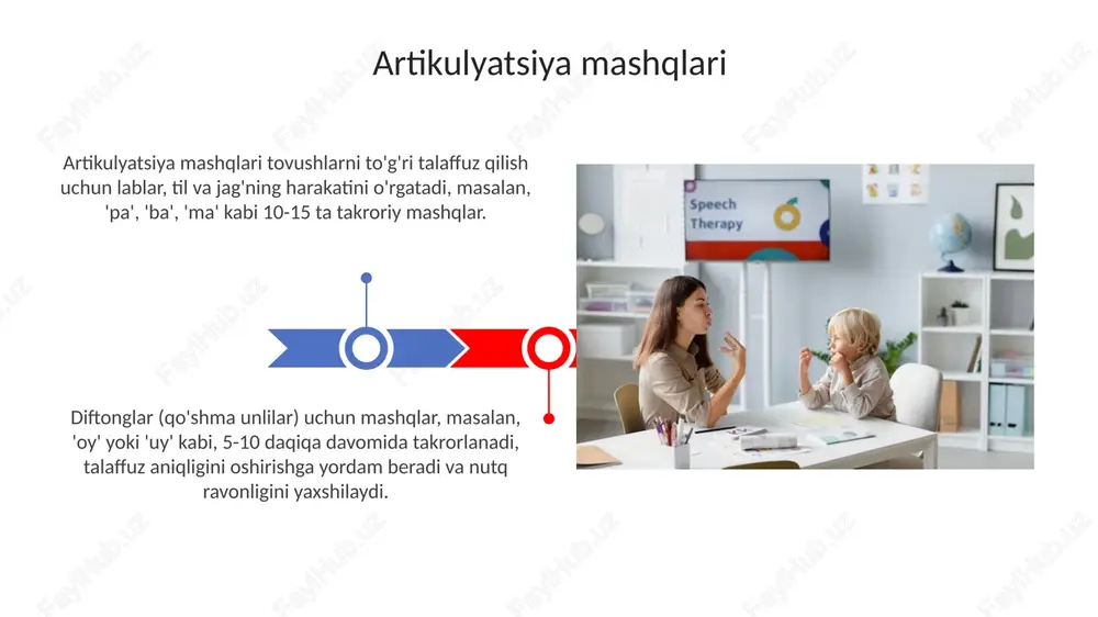 fonemalarni (masalan, 'b' va 'p') 70% aniqlikda aniqlashni o'rgatadi. ushbu mashqlar nutqning ritmi, ohangi va balandligini tushunishni yaxshilaydi, ayniqsa, 8 turdagi intonatsiyani aniqlash qobiliyatini oshiradi. nutqni tushunish mashqlari nutqni tushunish mashqlari oddiy topshiriqlarni (masalan, "burningizni ko'rsating") 1 bosqichdan kompleks ko'rsatmalargacha (3 bosqichli vazifalar) bajarishni o'z ichiga oladi. savol-javob mashqlari bemorning "kim?", "nima?", "qayerda?", "qachon?" kabi so'roqlarga javob berish qobiliyatini baholaydi va 2-3 ta so'zdan iborat javoblar talab qilinishi mumkin. e'tiboringiz uchun rahmat image5.jpg image6.jpg image7.jpg image8.jpg image9.jpg image10.jpg image11.jpg image12.jpg image13.jpg image14.jpg image15.jpg image16.jpg image1.jpeg image2.jpeg