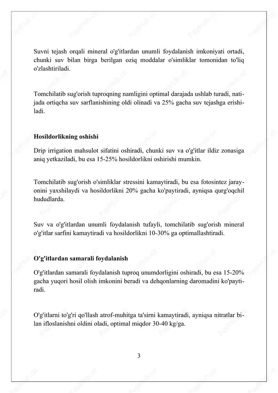 irrigation, sug'orish uchun suv bosimi kamroq bo'lganligi sababli, yuqori bosimli nasoslarga bo'lgan ehtiyojni kamaytiradi, natijada nasos stansiyalarida 15-30% energiya tejaladi. tomchilatib sug'orishda o'g'itlar va pestitsidlarni o'simlik ildiziga to'g'ridan- to'g'ri yetkazish energiya talab qiladigan keng ko'lamli purkash zaruratini yo'q qiladi, 10-25% energiya tejaydi. mehnat xarajatlarining kamayishi drip sug'orish qo'l mehnati xarajatlarini kamaytiradi, chunki u avtomatlashtiril- gan bo'lishi mumkin, masalan, 70% gacha ishchi kuchini tejash imkonini beradi. drip tizimlari uchun yer tayyorlash, ekin ekish va o'g'itlash jarayonlari 40% gacha kamroq mehnat talab qiladi, bu esa resurslarni tejaydi. tomchilatib sug'orish texnologiyasi 60% gacha suvni tejash imkonini beradi, shuningdek, qo'shimcha sug'orish uchun zarur bo'lgan ishchi kuchini kamayti- radi. tuproq eroziyasining oldini olish tomchilatib sug'orish tuproq yuzasidagi suv oqimini kamaytiradi, natijada eroziya xavfini 60-70% ga kamaytiradi, ayniqsa qiyalik yerlarda bu juda 6 muhim. drip irrigation indirectly boosts root system strength by delivering water and nutrients directly, mitigating erosion caused by 45% weaker root systems on …