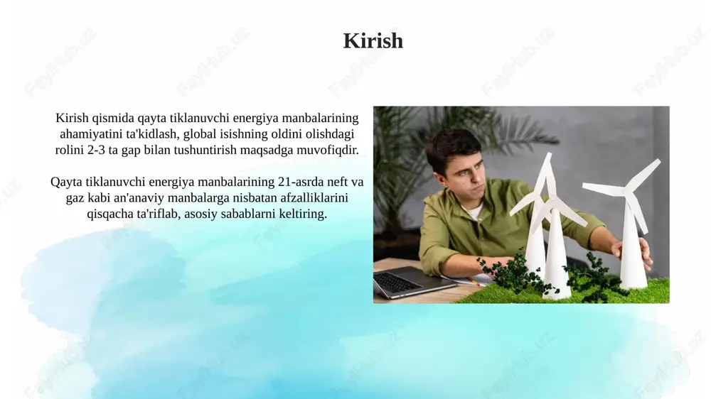 ni ta'minlaydi va valyuta zaxiralarini tejalishiga yordam beradi, narxlarning o'zgaruvchanligini kamaytiradi. energiya mustaqilligi va xavfsizligi energiya mustaqilligi importga bog'liqlikni kamaytiradi, bu esa 25% narx barqarorligini ta'minlaydi va siyosiy bosimni kamaytiradi. milliy xavfsizlikni mustahkamlash uchun resurslarni diversifikatsiya qilish, 30% mahalliy energiya ishlab chiqarishni rag'batlantirish va ta'minot uzilishlarining oldini olish. qayta tiklanuvchi energiya texnologiyalaridagi so'nggi yutuqlar perovskit quyosh xujayralari 28% dan ortiq samaradorlikka erishdi, bu esa ularni an'anaviy kremniy asosidagi xujayralarga raqobatchi qiladi va narxni pasaytiradi. energiya saqlash tizimlarida litiy-ion batareyalaridan tashqari, oqimli batareyalar 80% dan ortiq samaradorlik va uzoqroq xizmat muddatini ta'minlaydi. qayta tiklanuvchi energiya siyosati va rag'batlantirish o'zbekistonda 2023-yilgi qarorga ko'ra, quyosh panellari o'rnatish xarajatlarining bir qismi 30% gacha qoplab berilishi, aholini rag'batlantirishga qaratilgan. davlat 2030-yilgacha qayta tiklanuvchi energiya manbalarining ulushini 25% ga yetkazishni maqsad qilgan, bu uchun soliq imtiyozlari va subsidiyalar taqdim etiladi. qiyinchiliklar va ularni yengish yo'llari qayta tiklanadigan energiya manbalarining 24/7 ishonchliligini ta'minlash qiyin, chunki ular ob-havoga …