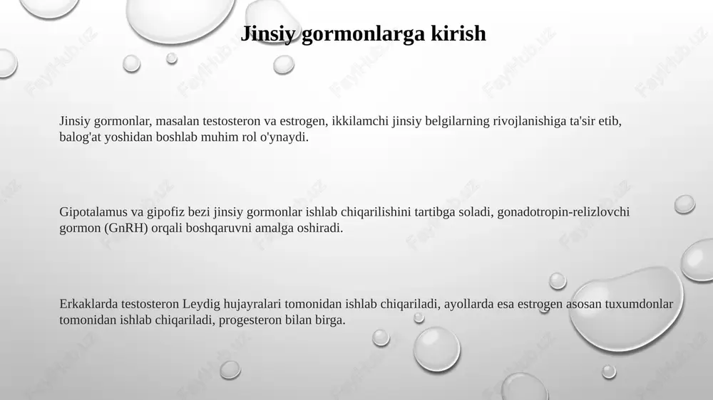 eskin kamayishi menopauzaga olib keladi, bu esa reproduktiv qobiliyatni yo'qotish va turli xil fiziologik o'zgarishlarni anglatadi. testosteron erkaklarda spermatozoidlar ishlab chiqarish uchun zarur, uning yetishmovchiligi esa bepushtlikka sabab bo'lishi mumkin. sog'lom sperma uchun 20 milliondan ortiq spermatozoid kerak. jinsiy gormonlar disbalansi: sabablari va belgilari polikistik tuxumdonlar sindromi (pkts) androgenlar, xususan testosteronning ko'payishiga sabab bo'lib, hayz siklining buzilishi va bepushtlikka olib kelishi mumkin. jinsiy gormonlar disbalansi sabablaridan biri erta menopauza bo'lishi mumkin, ya'ni 40 yoshgacha bo'lgan ayollarda hayz siklining to'xtashi, estrogen yetishmovchiligiga olib keladi. erkaklarda testosteron yetishmovchiligi (gipogonadizm) charchoq, mushaklar massasining kamayishi va libido pasayishi kabi belgilarga olib kelishi mumkin, ko'pincha 30 yoshdan keyin rivojlanadi. jinsiy gormonlar bilan bog'liq kasalliklar va holatlar polikistik tuxumdon sindromi (pcos) ayollarda androgenlar darajasini oshiradi, bu esa bepushtlikning sabablaridan biri bo'lib, menstrual siklni buzadi va erta homiladorlikni qiyinlashtiradi. gipogonadizm erkaklarda testosteronning past darajasi bilan tavsiflanadi, bu libido, mushak massasi va suyak zichligining kamayishiga olib keladi; davolash …