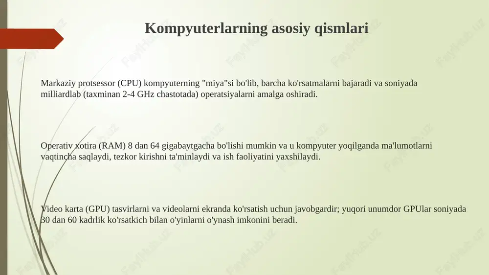 lgan muhim hisoblash blokidir. protsessorning asosiy vazifalaridan biri – xotiradan (ram) ma'lumotlarni o'qish va yozish. ma'lumotlar tezkor xotirada vaqtinchalik saqlanadi, protsessor ularni 10-100 nanosekund ichida o'qiydi. protsessor kompyuterning barcha qurilmalari, masalan, klaviatura, sichqoncha va monitorlar o'rtasida aloqani muvofiqlashtiradi. u turli qurilmalardan keladigan 0 va 1 signallarini boshqaradi. kirish va chiqarish qurilmalari mikrofonlar tovush to'lqinlarini elektr signallariga o'zgartiradi, bu signallar keyinchalik kompyuter tomonidan qayta ishlanadi va 48 khz gacha bo'lgan chastotalarda ovoz yozish imkonini beradi. sensorli ekranlar ham kirish, ham chiqarish qurilmasi bo'lib xizmat qiladi, foydalanuvchi interfeysi orqali 2d koordinatalarni aniqlaydi va vizual ma'lumotlarni 16 million rangda aks ettiradi. plotterlar katta formatli qog'ozlarda aniq chizmalar yaratish uchun mo'ljallangan bo'lib, ular ko'pincha arxitektura va muhandislik sohalarida 0.0005 dyuymgacha bo'lgan aniqlikda vektor grafikani chop etadi. kompyuter tarmoqlari kompyuter tarmoqlari orqali ma'lumotlar 1000 megabit tezlikda (1 gigabit) yoki undan ham yuqori tezlikda uzatilishi mumkin, bu katta fayllarni tezkor almashish imkonini beradi. simsiz tarmoqlar, masalan …
