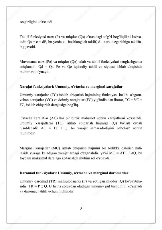 . foydali funksiyalar va befarqlik egri chiziqlari foydali funksiyalar iste'molchilarning xohishlarini matematik jihatdan ifo- dalaydi, ularga iste'mol to'plamlari uchun raqamli qiymatlar berib, 10 birlik a dan 5 birlik b ga afzalroq ekanligini ko'rsatadi. befarqlik egri chiziqlari bir xil foydalilik darajasini ta'minlovchi iste'mol to'plamlarini bog'laydi, shuning uchun iste'molchi egri chiziq bo'ylab harakat- lanayotganda farq qilmaydi, masalan, 8 ta olma va 2 ta nok yoki 4 ta olma va 6 ta nok. kobb-duglas foydali funksiyasi, u(x,y) = x^αy^β, α va β koeffitsientlari x va y tovarlariga nisbiy ahamiyatni ko'rsatadi, bu esa iste'molchining byudjet cheklovlari ostida foydalilikni maksimal darajada oshirishga yordam beradi. byudjet cheklovlari va iste'molchi tanlovi byudjet cheklovlari iste'molchining daromadi va tovar narxlari asosida, masalan, x tovar 5 so'm va y tovar 10 so'm bo'lsa, u qanday tovarlar to'plamini sotib olishini ko'rsatadi. iste'molchi tanlovi optimal nuqtasini aniqlashda, byudjet chizig'i va befarqlik egri chizig'ining urinish nuqtasi muhim rol o'ynaydi, bu nuqtada iste'molchi eng …