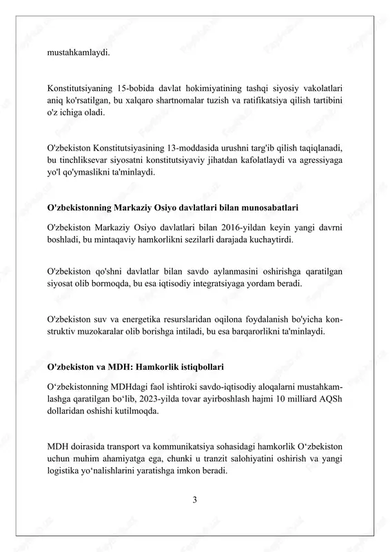 millashtirish bo‘yicha muntazam ravishda 12 ta loyiha asosida 5 muloqot olib boradi. o'zbekistonning aqsh bilan aloqalari o'zbekiston va aqsh o'rtasida 1992-yilda diplomatik aloqalar o'rnatilgan, siyosiy, iqtisodiy va madaniy sohalarda ikki tomonlama hamkorlik rivojlanmo- qda. aqsh o'zbekistonga iqtisodiy rivojlanish, xavfsizlikni mustahkamlash va demokratik islohotlarni qo'llab-quvvatlash uchun 2023-yilga qadar 1 milliard dollardan ortiq yordam ko'rsatdi. o'zbekiston va aqsh markaziy osiyo mintaqasida barqarorlikni ta'minlash, ter- rorizmga qarshi kurashish va afg'onistonda tinchlikni o'rnatish bo'yicha hamko- rlik qiladi. investitsiya va iqtisodiy diplomatiya o'zbekiston 2022-yilda 8 milliard dollardan ortiq investitsiyani jalb qilishni maqsad qilgan, iqtisodiy diplomatiya buni amalga oshirishda muhim rol o'ynaydi. o'zbekistonning iqtisodiy diplomatiyasi ustuvor yo'nalishi - eksportni diversi- fikatsiya qilish, 2026-yilga kelib 30 milliard dollarga yetkazish maqsad qilin- gan. iqtisodiy diplomatiya davlatlararo savdo-iqtisodiy aloqalarni mustahkamlash, xususan, 10 dan ortiq erkin savdo bitimlarini tuzishga qaratilgan. madaniy-gumanitar almashinuv va xalq diplomatiyasi 6 o'zbekiston 2023-yilda 40 dan ortiq davlat bilan madaniy hamkorlik dasturlarini amalga oshirdi, bu xalqlar …