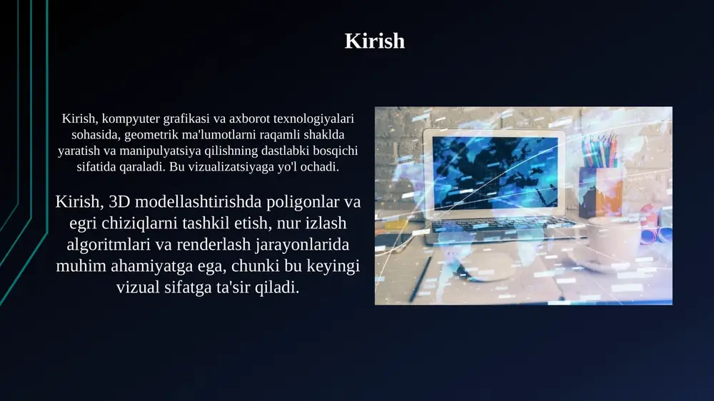 ishlashda filtrlar muhim rol oʻynaydi, xususan, 3x3 matritsali konvolyutsiya yadrolari tasvirni xiralashtirish yoki keskinlashtirish kabi operatsiyalarni bajaradi. segmentatsiya jarayoni tasvirni bir nechta mintaqalarga ajratadi, masalan, 8-ulanish yordamida, har bir mintaqa o'xshash xususiyatlarga ega bo'lishi uchun amalga oshiriladi. kompyuter ko'rish kompyuter ko'rish 2d va 3d ma'lumotlarni qayta ishlash orqali tasvirlarni tahlil qiladi, ob'ektlarni aniqlash va ularning xususiyatlarini o'lchash uchun algoritmlardan foydalanadi, masalan, yuzni tanishda 99% aniqlikka erishish mumkin. mashinani o'rganish usullari, xususan, chuqur o'rganish (masalan, cnnlar), kompyuter ko'rishida tasvirlarni klassifikatsiya qilish, ob'ektni aniqlash va segmentatsiya qilish kabi vazifalarni hal qilish uchun ishlatiladi va 85% aniqlikka erishadi. virtual reallik virtual reallik bosh kiyimga o'rnatilgan displeylar (hmd) va maxsus sensorlar yordamida foydalanuvchilarga 360 daraja immersiv vizual tajribani taqdim etadi, bu esa o'zaro ta'sir imkonini beradi. vr ilovalari 3d modellashtirish va render texnologiyalari orqali yaratilgan virtual muhitlarda 100% simulyatsiya qilingan ob'ektlar va ssenariylarni o'z ichiga oladi, bu esa foydalanuvchilarga realizm tuyg'usini beradi. kengaytirilgan reallik …