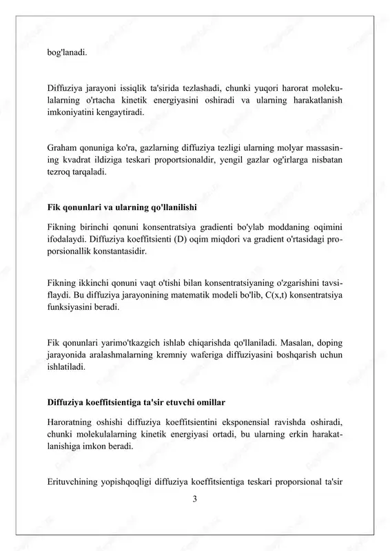 ti temperaturaning kvadrat ildiziga proporsionaldir. issiqlik o'tkazuvchanligi ilovalari issiqlik o'tkazuvchanligi qurilishda binolarning issiqlik izolyatsiyasida muhim rol o'ynaydi, devorlarning u-qiymatini pasaytiradi va energiya sarfini kamayti- radi, energiya tejamkorligini oshiradi. elektronikada issiqlik o'tkazuvchanligi issiqlik tarqatuvchilari va issiqlik quvurlari orqali issiqlikni elektron komponentlardan olib tashlashga yordam be- radi, qurilmalarning ishlashini yaxshilaydi va qizib ketishning oldini oladi. issiqlik o'tkazuvchanligidan foydalanish issiqlik almashtirgichlarida suyuqliklar orasida issiqlikni samarali o'tkazish imkonini beradi, energiya ishlab chiqarish, kimyo sanoati va sovutish tizimlarida ishlatiladi. viskozlik: asosiy ta'riflar va tushunchalar viskozlik - bu suyuqlikning oqimga qarshilik ko'rsatish o'lchovidir; yuqori viskozlik suyuqlikning oqishi qiyinligini, past viskozlik esa oson oqishini anglatadi, odatda pa·s yoki kg/m·s da o'lchanadi. dinamik viskozlik (η) suyuqlik ichidagi ichki ishqalanishni ifodalaydi, nyuton- ning viskozlik qonuni esa kesish kuchlanishi (τ) va kesish tezligi (γ) o'rtasidagi chiziqli bog'liqlikni ko'rsatadi: τ = ηγ. kinematik viskozlik (ν) dinamik viskozlikning zichlikka (ρ) nisbatidir, ya'ni ν = η/ρ. bu, ayniqsa, gravitatsiya ta'sirida suyuqlikning oqimini tushunishda …