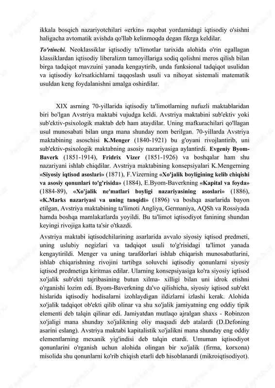 inchi darajali qilib qo'ydilar. keyinchalik neoklassiklar har ikkala jarayonni birgalikda o'rganib ancha mukammal ta'limot yaratdilar. ikkinchi. birinchi bosqich marjinalistlari sub'ektiv yo'nalish vakillari klassiklar singari sabab oqibatga asoslangan ilmiy tahlilni qo'llab ularning g'oyalarini ma'lum darajada takrorladilar. lekin birgina katta farq sub'ektiv maktab qo'llagan iste'mol va tovarlarning foydaliligi usuli ularni klassik maktab usulidan farqladi. o'z navbatida marjinalistlarning neoklassik yo'nalishi funksional ilmiy tadqiqotni maydonga tashlash bilan birga ishlab chiqarish va iste'molni yaxlit holda o'rganib meyoriy iqtisodiy o'lchamlarni taqsimot va ayirboshlash jarayonlariga ham tadbiq etdilar. uchinchi. marjinal inqilobning birinchi bosqichidan farq qilib, ikkinchi bosqichda funksional ilmiy uslub bilan birga iqtisodiy tahlilga iqtisodiy jarayonlarni matematik modellashtirish usuli ham olib kirildi. shu jumladan, har ikkala bosqich nazariyotchilari «erkin» raqobat yordamidagi iqtisodiy o'sishni haligacha avtomatik avishda qo'llab kelinmoqda degan fikrga keldilar. to'rtinchi. neoklassiklar iqtisodiy ta'limotlar tarixida alohida o'rin egallagan klassiklardan iqtisodiy liberalizm tamoyillariga sodiq qolishni meros qilish bilan birga tadqiqot mavzuini yanada kengaytirib, unda funksional tadqiqot usulidan …