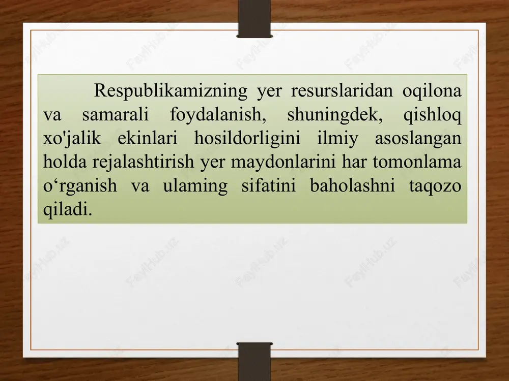 bo'yicha bajariladi. qishloq xo'jaligi tovar ishlab chiqaruvchilarini qishloq xo'jaligi er maydonlarini normativ qiymatlarni aniqlash ishlarini bajarishda tayyorgarlik ishlari olib boriladi. qishloq xo'jaligi tovar ishlab chiqaruvchilarini qishloq xo'jaligi er maydonlarini normativ qiymatlarni aniqlash ishlarini aniq va to'g'ri bo'lishi uchun tuman er resurslari va davlat kadastri bo'limlari tomonidan er maydonlari to'g'risida ma'lumot, tuman qishloq xo'jaligi bo'limidan qishloq xo'jaligi tovar ishlab chiqaruvchilarini qishloq xo'jaligi ekinlari ekilganligi to'g'risida ma'lumotlarni, tuman irrigatsiya va suv xo'jaligi bo'limlaridan nasos bilan sug'orilganligi to'g'risida ma'lumotlar hamda tuman soliq idoralaridan qishloq xo'jaligi tovar ishlab chiqaruvchilarini inn raqamlarini to'g'risidagi ma'lumotlar olinadi. qishloq xo'jaligi tovar ishlab chiqaruvchilarini qishloq xo'jaligi er maydonlarini normativ qiymatlarni aniqlash ishlarini bajarishda massivlarni qishloq xo'jalik xaritalariga erdan foydalanuvchilar kesimida ularni chegaralari aniq tushiriladi, er maydonlarini sifatini aniklash bo'yicha tuprokshunoslik institutlari tomonidan 2023-2024 yillarda bajarilgan tuprok xaritalariga asosan massivlani xaritalariga tuprok ayirmalari tushiriladi va tuprok ball bonitetlari yozib ko'yiladi. xar bir kishlok xo'jaligi tovar ishlab chikaruvchilarini er maydonlariga asosan …