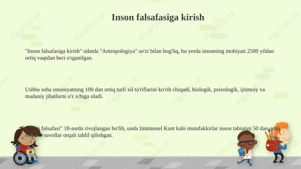 ng ma'nosi 21-asr texnologiyalari va globallashuv sharoitida qayta ko'rib chiqilmoqda, uning o'ziga xosligi va qadriyatlari muhim ahamiyat kasb etmoqda. postmodernizm insonning universal mohiyati g'oyasini rad etadi va shaxsiy tajriba, madaniy kontekst va til o'yinlari orqali qurilgan shaxsiyatning murakkabligini o'rganadi. insonning mohiyati va mavjudligi inson mohiyati 2 ta asosiy jihatdan iborat: biologik va ijtimoiy. biologik jihat uning jismoniy tuzilishi, ijtimoiy jihat esa jamiyatdagi oʻrni va munosabatlarini belgilaydi. mavjudlik ekzistensializmda 3 ta bosqichdan oʻtadi: befarqlik (oddiy hayot), tanlash (oʻz yoʻlini izlash), mas'uliyat (tanlov uchun javobgarlikni his etish). insonda aql, hissiyot va iroda kuchi mujassam. aql faktlarni bilish, hissiyotlar olamni his qilish, iroda esa maqsad sari harakatlanish uchun 3 ta muhim vosita hisoblanadi. insonning o'rni olamda insonning olamdagi o'rni, ekologik muvozanatni saqlashda hal qiluvchi rol o'ynaydi, chunki uning faoliyati 7 milliarddan ortiq aholi uchun ta'sir ko'rsatadi. falsafiy nuqtai nazardan, insonning olamdagi o'rni, ongning mavjudligi bilan belgilanadi, bu esa 100 milliardlab neyronlar orqali reallikni …
