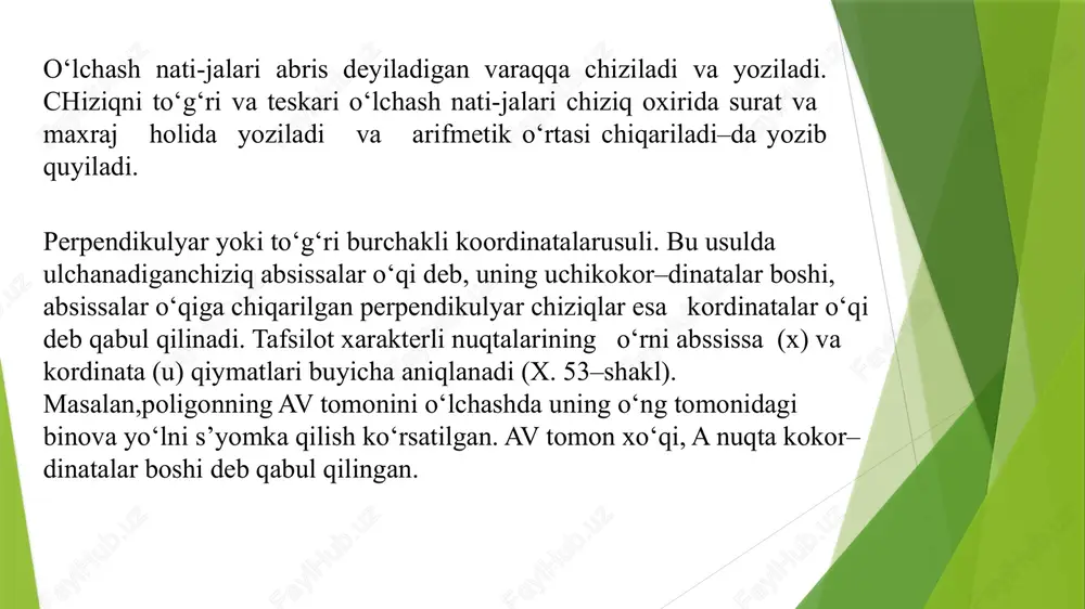 masofa vm va sm o‘lchanadi 21. 54–shakl). kombinatiyalangan usul. agar joy katta va tafsiloti murakkab bo‘lsa, s’yomka qilishda qulaylik uchun yuqoridagi usullarning bir nechasidan foydalanish mumkin. ana shu usul kombina-tiyalangan usul deyiladi. misol tariqasida, berilgan olti burchakli poligonning ichki tafsilotini s’yomka qilishda yuqoridagi usullar qo‘llangani ko‘rsatilgan (x. 57–shakl). masalan, 1–2 tomonni o‘lchashda uning yuqori voltli liniya bilan kesishgan nuqtasining o‘rni aniqlangan, 2–7 tomonni ul chashda kichik bino burchaklari perpendikulyar usuli bilan s’yomka qilingan, 2–3 tomonga nisbatan esa stvor usuli bilan ariq s’yomka qilingan. poligonning 4–5 tomoni ko‘l orqali o‘tganidan uni 4–5–8 uchburchaklikning o‘lchangan 8–4 tomoniga asosan bevosita o‘lchab bo‘lmas masofa qilib topilgan. 2.taxeometrik s’yomka kilish joyda taxeometrik s’yomka quyidagicha qilinadi. doiraviy taxeo- metrlarda k=100, s=0 bo‘lganidan, nol o‘rni (nu) aniqlanadi. taxeometr 1 stansiyaga o‘rnatilgach, ish holiga keltirilib,asbob balandligi i o‘lchanadi (xiii. 2– paragrafga qarang), keyin orientirlanadi. taxeometrik orientirlash. taxeometr berilgan chiziq yoki magni- taviy meridian bo‘yicha orientirlanadi. bosh nuqta tayanch …
