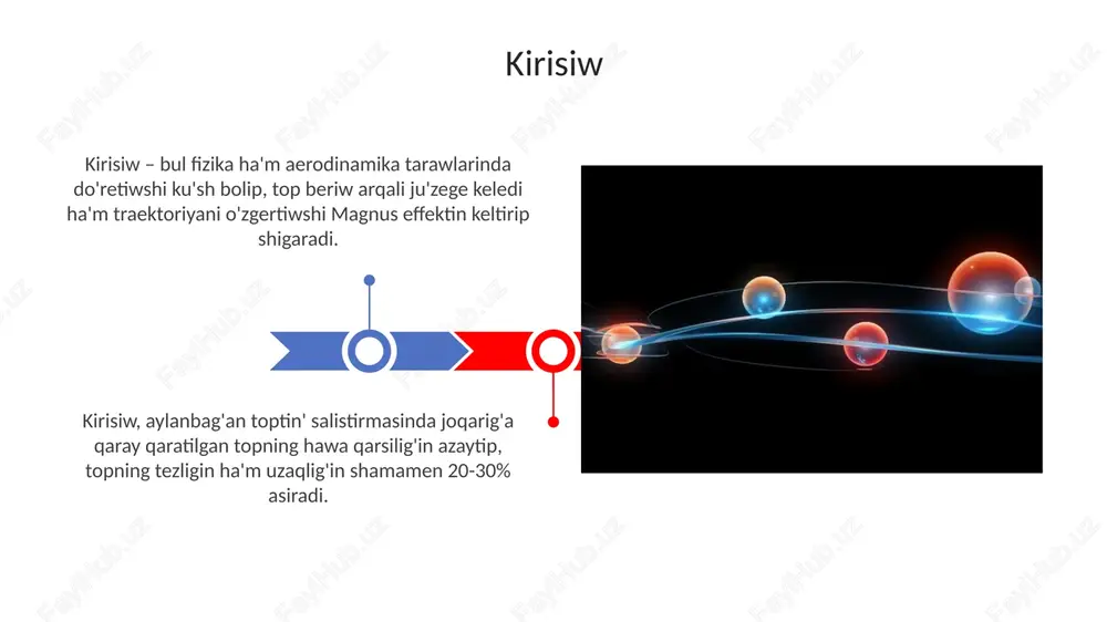 erip turadı hám ballıń traektoriyasına tásir etedi. basqa sport túrlerinde qollanılıwı top spin futbolda qollanıladı, bunda oyınshılar topqa joqarıdan tómen qaray urıp, top tezliktin asırılıwına hám aldınǵa qaray qattıraq ushıwına imkaniyat beredi. voleybolshılar top spinni serviste qollanıp, topdıń tezlikin hám traektoriyasın basqarıw arqalı qarsılas komanda ushın qıyınlaw qılıp, óslew imkaniyatın azayttı. top spinniń kemshilikleri top spinniń kemshilikleri, topdıń bólek qásiyetlerine qaramastan, ónimliliktiń pasayıwı, máselen, betke urılǵanda top tezliginiń kemeyiwi 20-30% bolıwı múmkin. top spinniń kemshilikleri arasında topqa kóp energiya beriw kerek ekenligi bar, bul oyınshılardan úlken kúsh talap etedi, ásirese uzaq waqıt dawamında 70-80% shamaında. top spinni optimallastırıw boyınsha keńesler topdıń aylanıw tezligi arttırılsa, topdıń túsiriw jılımlılıǵı da artadı, sebebi magnus effekti kúsheyip, topdı tezirek túsiredi. joqarǵı aylanıw topdıń joqarıraq uchıwına sebep boladı, aerodinamikalıq kúshlerdiń ámel etiwiniń ózgeriwi menen baylanıslı bolıp, topdı tezirek túsiredi. juwmaqlaw juo'maqlao' – bul fizikaliq ob'ektlerdiң өzara tәsir etisio'i nәtiyjesinde payda bolatug'in iyilisio' momenti, oniң ishinde, …