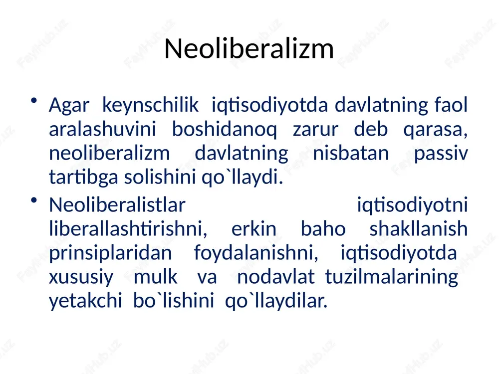 ni ham birinchi bor qo`llanilgan. bu sohadagi ishlanmalar v.rebke, l.erxard, v.oyken (asli tarixchi) va boshqalar tomonidan davom ettirildi. v.rebekning "nemis iqtisodiy siyosati to`g`rimi?"(1950) degan kitobi muqaddimasida gfr kansleri k.adenauer "ijtimoiy bozor xo`jaligi" modeli mamlakat iqtisodiy siyosatining asosiy vazifasi sifatida qilinganligini bayon etadi. v. rebke xarakteristikasi bo`yicha, "ijtimoiy bozor xo`jaligi" - "iqtisodiy insonparvarlik" sari o`ldir. u o`zining "insonparvar jamiyat" asarida kollektivizmga - persinolizm, hokimiyat konsentratsiyasiga - erkinlik, sentral- izmga - desentralizm, tashkilotchilikka - o`zini-o`zi boshqarishni qarshi qo`yadi va boshqalar. 1957 y. xds ning navbatdagi syezdida l.erxard, v.rebke g`oyalarini qullagan holda gfr da "ijtimoiy bozor xo`jaligi"ning 2- bosqichi boshlanganligini tasdiqladi. 60-yillarda l.erxard o`z maqolasida avvalo "erkin musobaqa ijtimoiy bozor xo`jaligining eng asosiy elementi hisoblanadi" deb ta'kidlangan edi. 1965 y. partiyaning navbatdagi syezdida l.erxard gfrda "ijtimoiy bozor xo`jaligi" ni tashkil etish dasturining nihoyaga etganligini e'lon qildi. bu dastur mamlakatni "rasmiylashgan jamiyat"ga aylantirildi. "rasmiylashgan jamiyat" doktrinasi l.erxard va uning maslahatdoshlari bo`yicha bu eng yaxshi …
