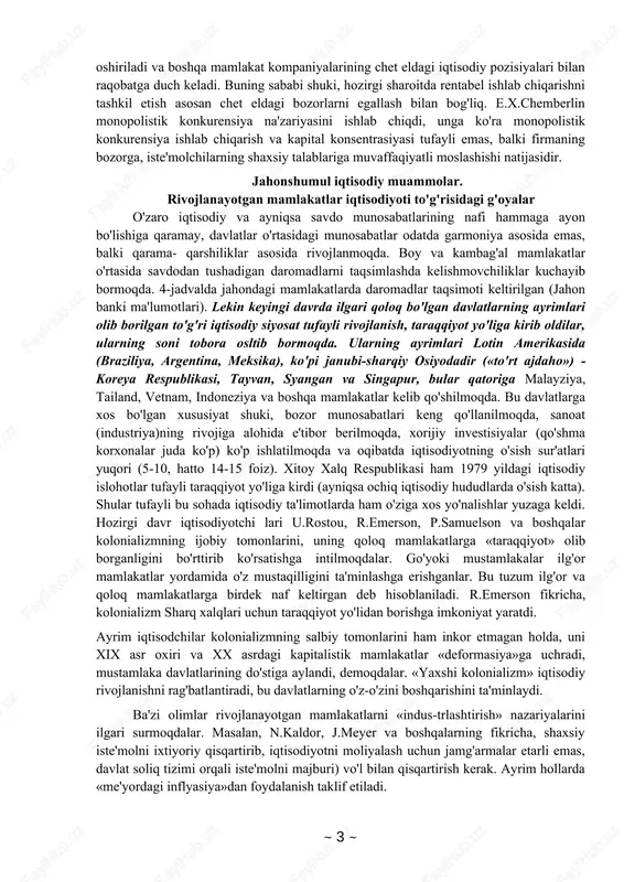 er, b.olin (shvesiya), p.samuelson tomonidan yaratilgan «ishlab chiqarish omillarining xalqaro taqsimoti» nazariyasi (modeli) tipik hisoblanadi. ularning fikricha, har mamlakat iqtisodiyoti ishlab chiqarish omillari bilan bir xil ta'minlanmaganligi bilan, demak har bir omilning turlicha bahoga egaligi (ish haqi, foiz, renta) bilan xarakterlanadi. ayrim mamlakatlarda mehnat asosiy omil (boshqasidan son jihatdan ko'p) bo'lsa, uning narxi kapital va erga nisbatan past baholanadi; kapital mo'l bo'lgan mamlakatda u boshqa ikki ishlab chiqarish omiliga nisbatan arzon bo'ladi. har bir mamlakat o'zining ustunligini realizasiya qilishga intiladi, jahon bozoriga ishlab chiqarish omili nisbatan arzon bo'lgan yo'l bilan tayyorlangan tovarlar ko'proq chiqariladi. bunday ishlab chiqarish ixtisoslashuvi shunga olib keladiki, barcha davlatlar o'ziga qulay va foydali bo'lgan xo'jalik tarmoqlarini rivojlantirib, qulay sharoit bo'lmagan boshqalaridan voz kechadi. bu nazariya ishlab chiqarishning chiqimlarini mutlaqlashtiradi va xalqaro ixtisoslashuvning yagona mezoniga asoslanadi. shu sababli jahon savdosi uyg'un (garmonik) jarayon deb qaraladi. bunda jahondagi real shart-sharoitlar to'la hisobga olinmaydi, masalan o'z davrida mustamlaka egasi …
