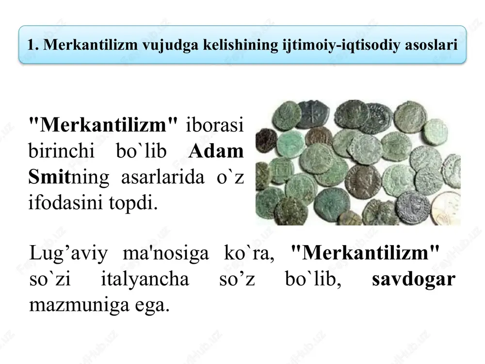 gan merkantilizm yoki savdo balansi nazariyasi (xvi asrning ikkinchi yarmi - xvii asrning o`rtalari) angliya, asosiy mafkurachisi tomas mann (1571-1641) g’oyalari pul tashqi savdo oborotida boshlang`ich maskantni tashkil etadi, ya'ni p-t-p. har bir savdo kapitalisti o`z pulini ma'lum foyda olish uchun oborotga qo`yadi. shunday yo`l bilan, ya'ni savdo yo`li bilan boyish kerak. tovar, pul, foyda va kapital orasidagi aloqadorlikning sababini topishga harakat qilingan. tomas mann (1571-1641) u makedoniya podshosi filipp makedonskiyning "kuch natija bermagan joyda pulni ishga solish kerak", degan iborasini yaxshi ko`rgan.  tovar chiqarish miqdori (eksport), uni kiritish (import) dan ortiq bo`lishi zarur.  ishlab chiqarishni rivojlantirish savdoni kengaytirish vositasidir. tomas mann - rivojlangan merkantilizm yoki savdo balansi nazariyasi mafkurachisi xulosa rivojlangan merkantilizm ta'limotida boylik savdo-sotiq sohasida savdo balansi asosida yuzaga kelgan, imkoni boricha ko`proq eksport qilish va mumkin qadar kamroq import qilish g`oyasi ilgari surilgan. merkantilizmning ayrim mamlakatlardagi ko`rinishi milliy xususiyat kasb etgan, ayniqsa fransiyada kolbertizm, germaniyada …