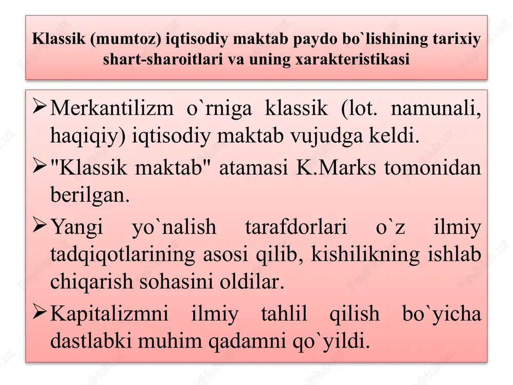 kashfiyotchisidir. angliya va fransiya klassik maktabni vujudga kelishining shart-sharoitlari k l a s s i k m a k t a b r i v o j l a n i s h i b o s q i c h l a r i 1 - b o s q i c h : x v i i a s r o x i r i – x v i i i a s r b o s h l a r i 2 - b o s q i c h : x v i i i a s r o x i r i v a x i x a s r b o s h l a r i 3 - b o s q i c h : x i x a s r n i n g 1 - y a r m i …