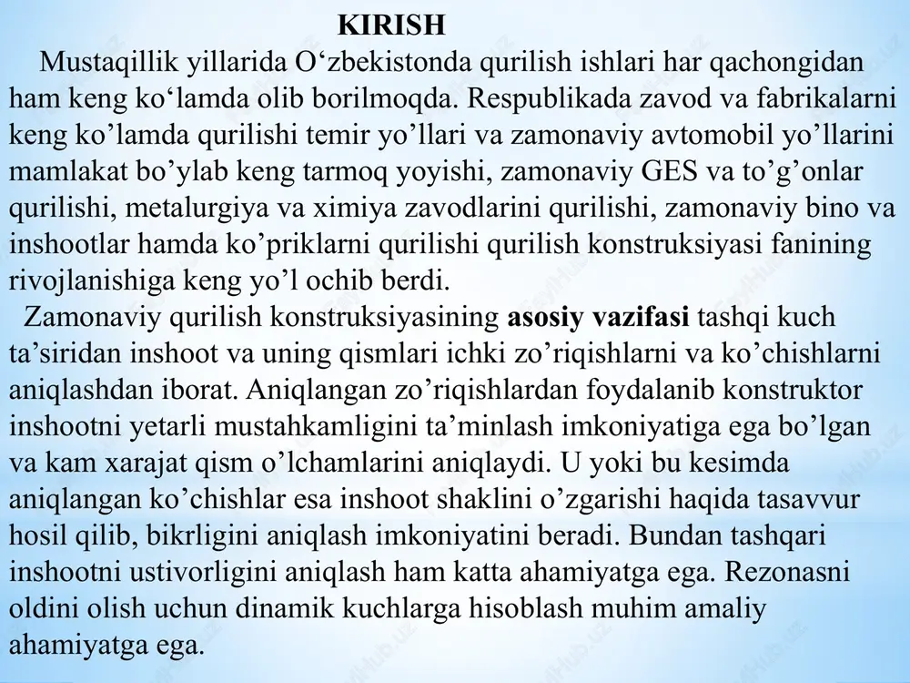 h konstruksiyasi fanini puxta o‘zlashtirishni o‘z oldiga maqsad qilib qo‘ygan talaba yuqoridagi fanlarni chuqur o‘zlashtirishi lozim. qurilish mexanikasi fani inshootga ta’sir etuvchi yuklarning xarakteriga qarab ikkiga bo‘linadi: inshootlar statikasi va inshootlar dinamikasi. inshootlar statikasida inshootga ta’sir qiluvchi kuchlar asta-sekinlik bilan, ya’ni statik qo‘yilgan, deb qaraladi. inshootlar dinamikasida esa tashqi yuklarni dinamik kuch, deb qarab (qiymati va yo‘nalishi o‘zgarib turuvchi kuch), vaqtga bog‘lab o‘rganiladi. ichki zo‘riqish kuchlari bizga materiallar qarshiligi fanidan ma’lum bo‘lib, ular uch turga bo‘linadi. inshootning egilishga qarshilik ko‘rsatuvchi ichki zo‘riqish kuchini eguvchi moment (mx), kesilishiga qarshilik ko‘rsatuvchi ichki zo‘riqish kuchini ko‘ndalang kuch (qx), cho‘zilish va siqilishga qarshilik ko‘rsatuvchi ichki zo‘riqish kuchlarini esa bo‘ylama kuchlar (nx), deb belgilaymiz. xalqaro si o‘lchovlar sistemasida eguvchi momentning birligi knm da, ko‘ndalang va bo‘ylama kuchlarning birligi esa kn larda o‘lchanadi. demak, qurilish mexanikasining asosiy vazifalaridan biri – inshootlarda tashqi yuklardan hosil bo‘ladigan ichki zo‘riqish kuchlari (mx, qx, nx)ni aniqlashdan iboratdir. inshoot va uning …