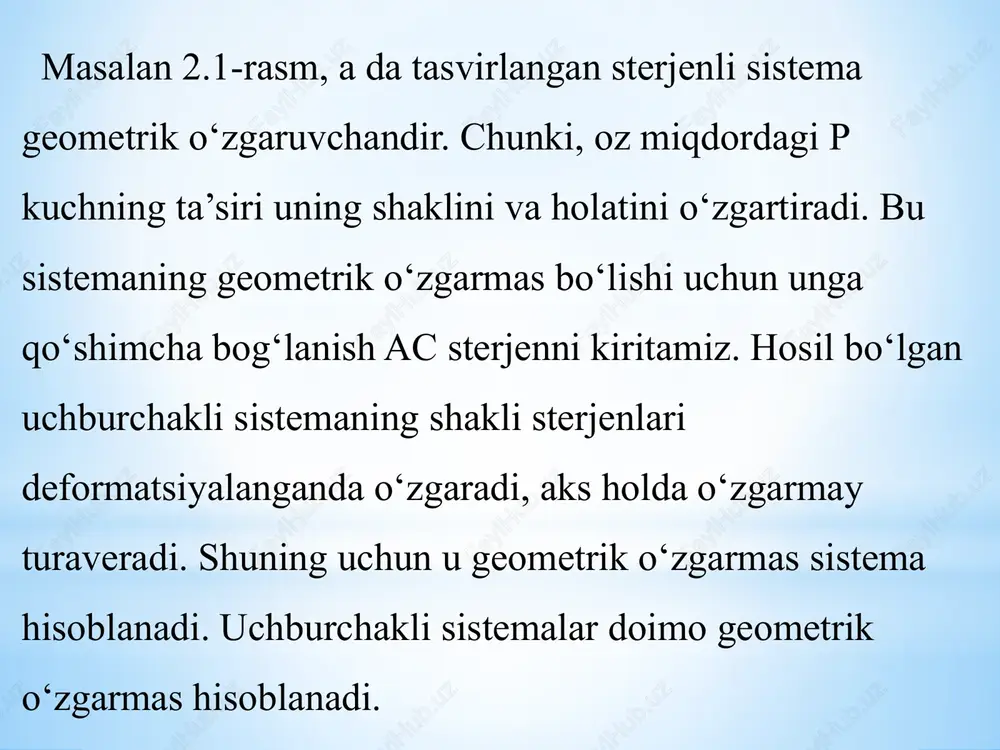 reaksiya kuchi ra hosil bo‘ladi (1.8-rasm, b). sharnirli qo‘zg‘almas tayanch. 1.9-rasm, a da bu tayanchning konstruksiyasi va 1.9-rasm, b da uning hisoblash tarhi ko‘rsatilgan bunday tayanchda inshoot a sharnir atrofida aylana oladi, biroq vertikal va gorizontal ko‘chishlari cheklangandir. natijada tayanchda verti- kal tayanch reaksiyasi ra va gorizontal tayanch reaksiyasi ha vujudga keladi. . qistirib mahkamlangan tayanch sharnirli qo’zg’aluvchan tayanch sharnirli qo’zg’almas tayanch * inshoot tayanchlari va ularning turlari. 1 6 tashqi va ichki kuchlar, kesish usulitashqi va ichki kuchlar, kesish usuli o kesim 1 7 tashqi va ichki kuchlar, kesish usulitashqi va ichki kuchlar, kesish usuli p1 p2 pi kesim qi qi+1 x y z q mq 1  6 - ichki kuchlar faktorlari o kesim inshootlarning erkinlik darajasi va ularning statik tahlili. karrali sharnirlar soni disklar sonidan 1 ta kam bo‘lib, quyidagi formula bilan aniqlanadi: sh = d – 1, (3.1) bu erda: sh - sharnirlar soni; d - …