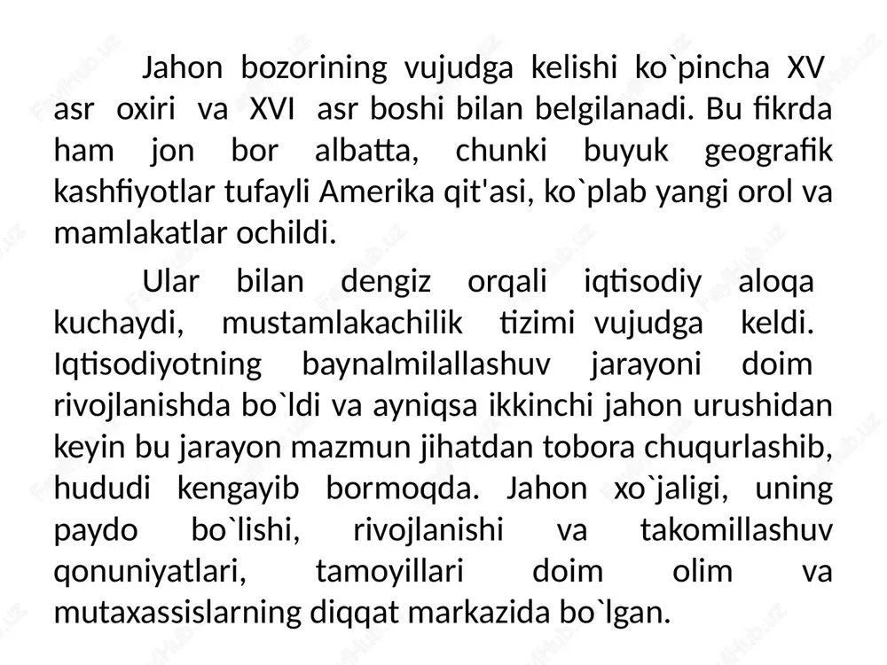 r foydasiga o`zgarmoqda, deb o`ylamoqdalar va buni yer unumdorligining pasayib borishi degan qonun bilan bog`lamoqdalar. e.xeksher, b.olin keyingi davrda vujudga kelgan iqtisodiy ta'limotlarda e.xeksher, b.olin (shvetsiya), p.samuelson tomonidan yaratilgan "ishlab chiqarish omillarining xalqaro taqsimoti"nazariyasi (modeli) tipik hisoblanadi. ularning fikricha, har mamlakat iqtisodiyoti ishlab chiqarish omillari bilan bir xil ta'minlanmaganligi bilan, demak har bir omilning turlicha bahoga egaligi (ish haqi, foiz, renta) bilan xarakterlanadi. 60-yillarda 60-yillarda texnologik xarakterdagi yangi xalqaro mehnat taqsimoti konsepsiyalari paydo bo`ldi. bular orasida eng yaxshi ma'lum bo`lgani "tovar hayotining sikli" nazariyasidir, uning mualliflari amerikalik iqtisodiyotchilar g.xofbauer, r.vernon, m.pozner va boshqalar hisoblanadi. uning asosini qay- ta ishlash sanoatidagi xalqaro mehnat taqsimoti tashkil etadi. sanoatda paydo bo`ladigan texnologik jihatdan har bir yangi mahsulot kirish, eksponent o`sish, sekinlashuv va tugash siklini o`tadiki, bu tartib ishlab chiqarishga joriy etish, kengayish, kamolot va eskirish jarayoniga to`g`ri keladi (jami 5 stadiya). ilmiy - texnik progressi bilan bog`liq iqtisodiy qarashlar ingliz iqtisodchisi jon xiks …