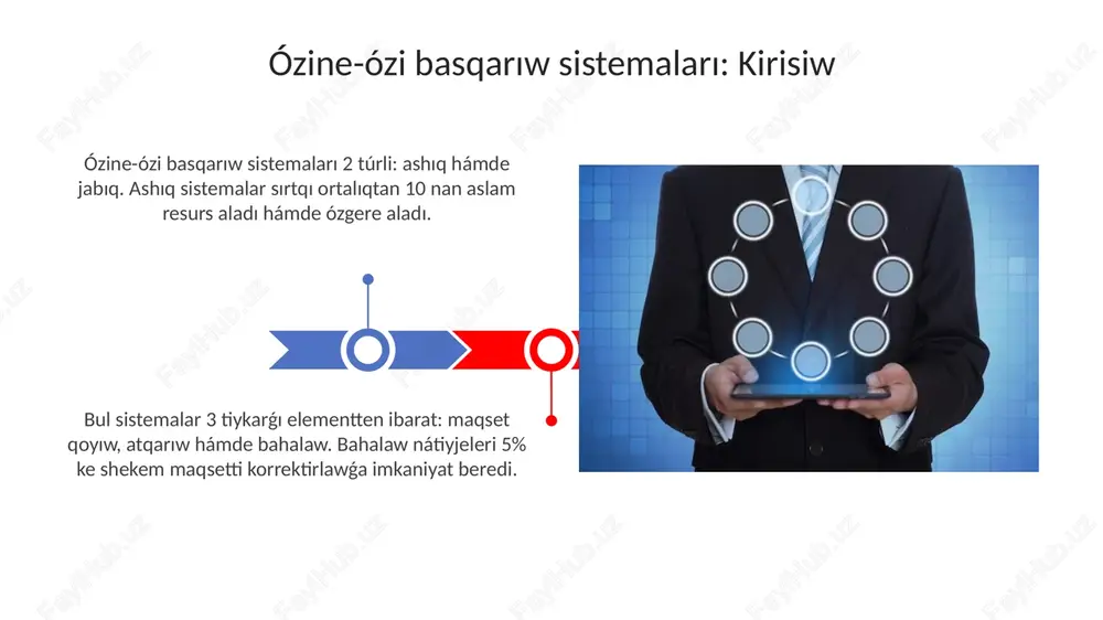 di ańlatadı. ózine-ózi basqarıw 1960-jıllarda yugoslaviyada keń tarqalǵan, bunda jumısshılar 70% ǵa shekem ónimge iyelik etip, basqarıwǵa qatnasqan. ózine-ózi basqarıw sistemalarınıń rawajlanıw tendenciyaları 1-tendentsiya: raqamlı texnologiyalardıń keń tarqalıwı, 2024-jıldan baslap, real waqıt rejiminde maǵlıwmatlardı analizlewge járdem beredi hám sheshiw qabıllawdı tezletedi. 2-tendentsiya: jasıl texnologiyalarǵa qızıǵıwdıń artıp barıwı, 2030-jıllarǵa shekem ekologiyalıq turaqlılıqtı arttırıw ushın energiya sarplanıwın kemeytiwge qaratılǵan. keleshektegi perspektivalar hám potencial qollanılıwı keleshekte avtonom basqarıw sistemaları, mısalı, ónimdarǵa arnalǵan texnologiyalar, optimallastırıwda hám ónimdar xızmetiniń ósiwinde úlken áhmiyetke iye boladı. sanlastırıwdıń rawajlanıwı menen, keleshekte avtonom sistemalar xizmet kórsetiwdiń turaqlılıǵın asırıw ushın "aqıllı" infratuzilmelere integraciyalanadı. juwmaqlaw hám juwmaqlar bul bólim, ádette, maqalanıń ahırında jaylasadı hám izertlew nátiyjeleriniń áhmiyetin 2-3 tiykarǵı gápler menen kórsetedi hám oqıwshınıń pikirin jáne de tereńletedi. "juwmaqlaw hám juwmaqlar" bólimi tiykarǵı gápti qaytarıp, keyingi izertlewler ushın 3-4 usınıs beriw arqalı tezisdi 360 gradusqa dógereklewdi maqset etedi. nazariңiz үshіn raxmet slide 1 slide 2 slide 3 slide 4 slide 5 …