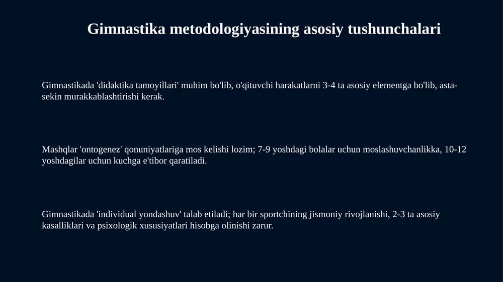 shqlar bilan. sport mahoratini oshirish bosqichi 15 yoshdan boshlanib, individual dasturlarni mukammallashtirish, musobaqalarga tayyorgarlik ko’rish va yuqori natijalarga erishish uchun 20 soatdan ortiq mashqlar bilan xarakterlanadi. gimnastikachilarning yosh xususiyatlari 10-12 yoshda, suyaklar hali to'liq shakllanmaganligi sababli, tana vazni bilan bajariladigan mashqlarga ustunlik beriladi, bu esa jarohat xavfini kamaytiradi va texnikani takomillashtiradi. 7-9 yoshdagi gimnastikachilarda asosiy e'tibor moslashuvchanlik, muvofiqlik va koordinatsiyani rivojlantirishga qaratiladi, chunki bu yoshdagi bolalar tez o'rganish qobiliyatiga ega. 13-15 yoshdagi o'smirlarda pubertat davrida mushak massasi va kuchining oshishi kuzatiladi, shuning uchun murakkab elementlarni o'zlashtirish va intensiv mashg'ulotlar uchun imkoniyat yaratiladi. gimnastika zalida xavfsizlik qoidalari har bir mashg‘ulotdan oldin, 5-10 daqiqa davomida umumiy jismoniy tayyorgarlik mashqlari bilan tanani isitish, mushaklarni cho‘zish va bo‘g‘imlarni harakatga tayyorlash zarur. zalda gimnastika snaryadlaridan foydalanishdan oldin, ularning sozligi, mustahkamligi va xavfsizligini tekshirib ko‘rish, shikastlanish xavfini kamaytirishning muhim qoidasidir. gimnastika elementlarini bajarishda, ayniqsa qiyin elementlarda, doimiy ravishda yordamchi straxovkadan foydalanish, travmatizmdan himoyalanishning eng yaxshi usuli …