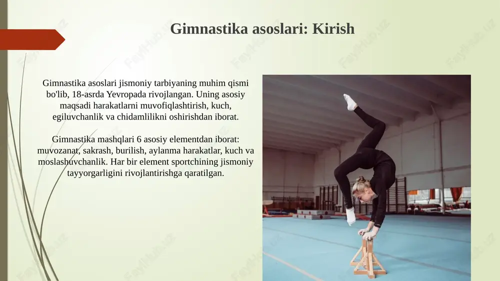 tilishni o'rganish. individualizatsiya prinsiplari individualizatsiya prinsiplari shug‘ullanuvchining yoshini, jinsini, tayyorgarlik darajasini hisobga olgan holda, 6-8 ta mashqni tanlab, uning individual xususiyatlariga moslashtirilgan dasturni tuzishni nazarda tutadi. 12 yoshli o‘smir uchun mo‘ljallangan murakkab elementlar 18 yoshli sportchi uchun yetarli emasligi sababli, individualizatsiya prinsipida yuklamani 70-80% intensivlikda oshirish kerak. muntazamlik prinsiplari muntazamlik prinsiplari mashg'ulot jarayonida 3-5 kunlik dam olish davrlarini belgilaydi, bu organizmning tiklanishi va ortiqcha yuklanishning oldini olish uchun zarur. o'quv mashg'ulotlarida muntazamlik prinsipi, haftada kamida 2-3 marta mashq qilishni talab qiladi, bu esa mushaklar kuchini va texnik ko'nikmalarni asta-sekin rivojlantiradi. farqlilik prinsiplari farqlilik prinsipida gimnastikachilarning individual xususiyatlari hisobga olinadi, har bir sportchining jismoniy va psixologik imkoniyatlariga moslashtirilgan 3 ta mashqlar tanlanadi. turli darajadagi qiyinchiliklar uchun moslashtirilgan 5 xil mashqlar seriyasi tuziladi, bu prinsip sportchining tayyorgarligini asta-sekin oshirishga yordam beradi. gimnastika turlari bo'yicha prinsiplar sport gimnastikasida harakatlarni progressiv ravishda o'zlashtirish muhim, dastlab oddiy elementlar 1-bosqichda o'rganilib, keyin 2- bosqichda murakkabroq kombinatsiyalarga …