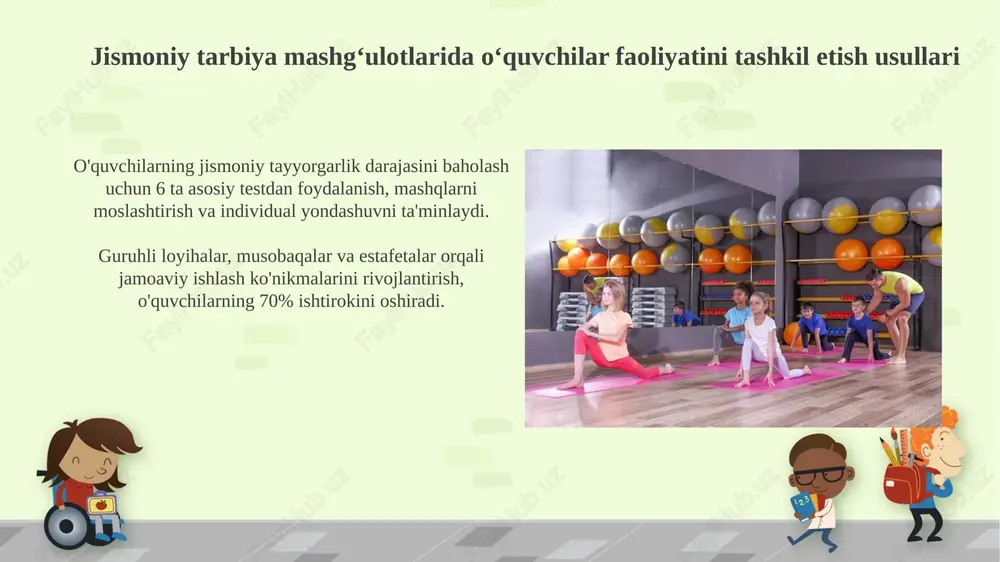 larga 3-5 haftalik muddatda, aniq maqsadga yo'naltirilgan, amaliy natijalarga erishish uchun individual yoki guruhli topshiriqlar berishni o'z ichiga oladi. ushbu usul, 7-9-sinf o'quvchilarining mustaqil fikrlashini, ijodiy qobiliyatlarini va jamoa bilan ishlash ko'nikmalarini rivojlantirishga qaratilgan 2-3 bosqichli jarayondir. interaktiv usullar interaktiv usullar o'quvchilarning 80% faol ishtirokini ta'minlaydi, bu esa "aqliy hujum" va "munozara" kabi usullar orqali bilim olish samaradorligini oshiradi. "rolli o'yinlar" kabi interaktiv usullar orqali jamoaviy ishlash ko'nikmalari rivojlanadi, bunda har bir o'quvchi 5-7 daqiqa davomida o'z rolini bajaradi. hamkorlikdagi o'qitish hamkorlikdagi o'qitish, 2-5 nafar o'quvchidan iborat kichik guruhlarda, vazifalarni taqsimlash orqali jismoniy mashqlarni birgalikda bajarishga asoslanadi. har bir o'quvchi guruhi jismoniy tarbiya mashg'ulotida alohida rol o'ynaydi: kuzatuvchi, motivatsiya beruvchi, texnikani nazorat qiluvchi va natijani qayd etuvchi kabi. muammoli o'qitish “muammoli o'qitish” usuli o'quvchilarga 2-3 ta muammoli vaziyatlarni berish orqali mustaqil fikrlash va ijodiy yondashuvni rivojlantiradi. ushbu ta'limda talabalarga 4 bosqichli muammolarni hal qilish algoritmi o'rgatiladi: muammoni aniqlash, gipoteza yaratish, …