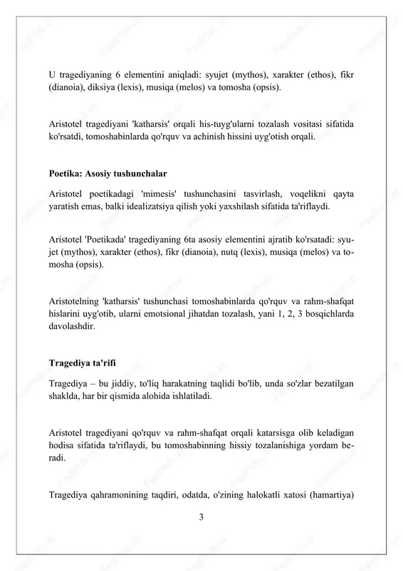 ko'pincha fikrlash, meditatsiya yoki fikr yuritish jarayonini anglatadi, ko'pincha falsafiy mulohazalar bilan bog'liq bo'lib, 1- raqamli kalit kontseptsiya hisoblanadi. fikr 2-murakkab tafakkur jarayonini o'z ichiga oladi, u falsafiy, diniy yoki mistik bo'lishi mumkin bo'lgan chuqur anglash va tushunishga olib keladi, ayniqsa, islom falsafasida ahamiyatli. fikr - bu 3-raqamli intellektual harakat bo'lib, kuzatish, tahlil qilish va shaxsiy ichki dunyo yoki tashqi voqelik ustida o'ylashni o'z ichiga oladi, bu esa falsafiy va ma'naviy o'sishga yordam beradi. diksiya (nutq uslubi) diksiya (nutq uslubi) aniqligi va ravshanligiga e'tibor qaratadi, ya'ni so'zlar 100% to'g'ri tanlanishi va grammatik qoidalarga 2 karra mos kelishi kerak. aristotel "poetika" asarida nutq uslubini bezash vositalari, masalan, metaforalar 3 xil bo'lishi mumkinligini ta'kidlaydi, bu esa asarga 4 karra go'zallik beradi. 6 diksiyaga ko'ra, kompozitsiya 5 qismdan iborat bo'lishi lozim: kirish (prolog), voqea rivoji, kulminatsiya nuqtasi, yechim va epilog, har biri 2 marotaba muhim. tomosha tomosha 19-asrning oxirida shakllangan o zbek xalq …
