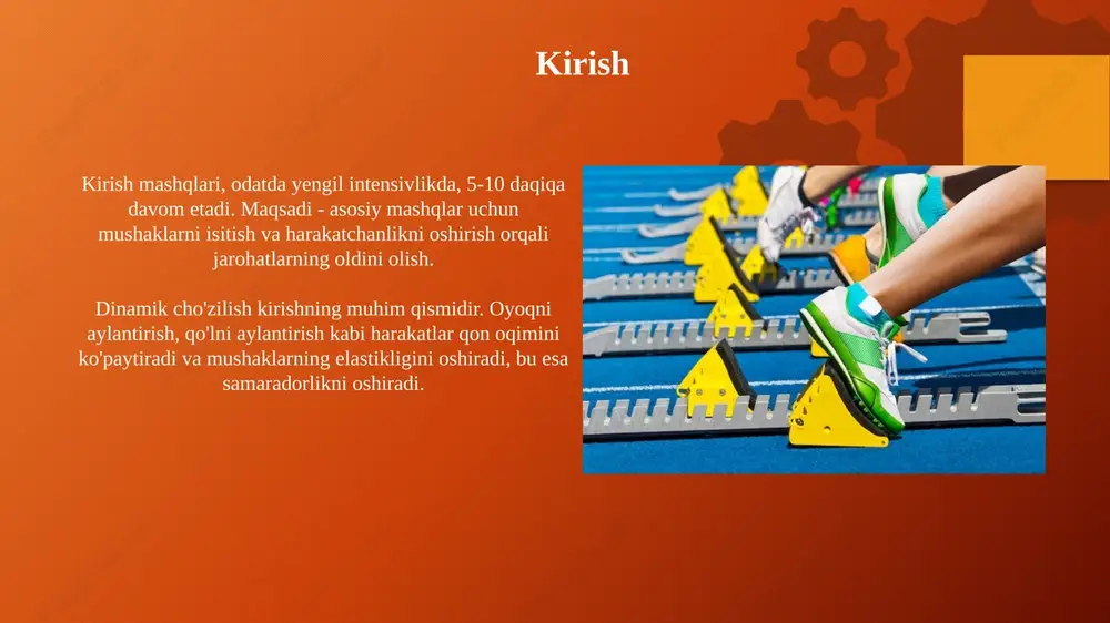 harakat usullarini o'rgatishni o'z ichiga oladi. masalan, 100 metrga yugurishda start texnikasi. taktik tayyorgarlik taktik tayyorgarlik sportchining raqibga qarshi kurashish usullarini, 70-80% samaradorlik bilan qo'llashga o'rgatadi, vaziyatni baholash va tez qaror qabul qilishni rivojlantiradi. ushbu tayyorgarlik 3 asosiy elementga ega: taktik bilimlar (qoidalar, strategiyalar), taktik ko'nikmalar (texnikani qo'llash), va taktik aql (vaziyatni tahlil qilish). ruhiy tayyorgarlik ruhiy tayyorgarlik - bu sportchining musobaqaga psixologik jihatdan tayyorligini oshirish, masalan, diqqatni jamlash uchun meditatsiya texnikalaridan 5-10 daqiqa foydalanish. muvaffaqiyatli ruhiy tayyorgarlik sportchiga o'ziga ishonchni mustahkamlashga yordam beradi, bu esa natijalarni taxminan 15-20% ga yaxshilashi mumkin, shuningdek, stressni kamaytiradi. trening yuklamalarini nazorat qilish trening yuklamalarini nazorat qilish, sportchining fiziologik holatini baholash uchun yurak urish tezligini (yuut) o'lchashni o'z ichiga oladi, bu intensivlikni aniq belgilashga yordam beradi. laktat darajasini monitoring qilish mushaklardagi charchoqni aniqlashga imkon beradi. yuqori laktat 4 mmol/l dan oshsa, yuklamani kamaytirish yoki tiklanishga e'tibor qaratish kerak. dam olish va tiklanish faol dam …