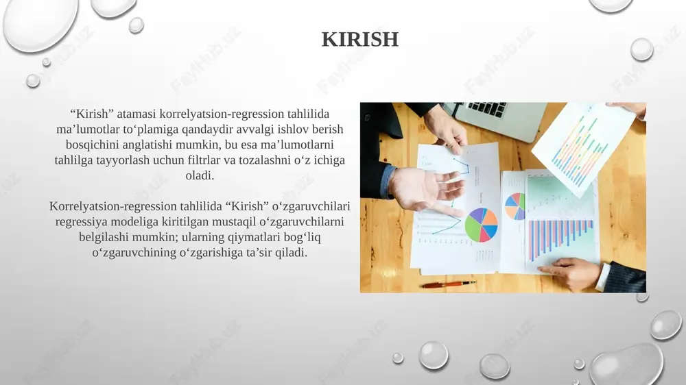 a bo'lgan oraliqda ko'rsatadi. standart xatolik (see) regressiya modelining bashoratlash aniqligini o'lchaydi, kichikroq see qiymati modelning ma'lumotlarga yaxshiroq mos kelishini va bashoratlashdagi xatolikning kamligini anglatadi. regressiya modelining sifati determinatsiya koeffitsienti (r^2) regressiya modelining sifatini baholashda muhim. u oʻzgaruvchi oʻzgarishining necha foizi model bilan tushuntirilishini koʻrsatadi, 0 dan 1 gacha qiymatga ega. standart xatolik (rmse) modelning bashoratlarining aniqligini oʻlchaydi. kamroq rmse qiymati bashoratlarning haqiqiy qiymatlarga yaqinroq ekanligini, demak, model yaxshiroq sifatga ega ekanligini bildiradi. amaliy misollar qishloq xo'jaligida, o'g'it miqdori (kg/ga) va hosildorlik (tonna/ga) o'rtasidagi bog'liqlikni aniqlash uchun 100 ta daladan ma'lumotlar yig'iladi, regressiya tenglamasi tuziladi. sanoatda, ishchilarning tajribasi (yillarda) va ishlab chiqarish hajmi (dona/soat) o'rtasidagi korrelyatsiya-regressiya tahlili orqali optimal tajriba davrini aniqlash mumkin. kamida 50 ishchi ishtirok etishi kerak. xulosa xulosa shuni ko'rsatadiki, korrelyatsiya koeffitsienti (r) ning qiymati 0.85 bo'lsa, bu x va y o'zgaruvchilar o'rtasida kuchli chiziqli bog'liqlik mavjudligini anglatadi. regression tenglamasi (y = 2.5x + 10) x o'zgaruvchisining …