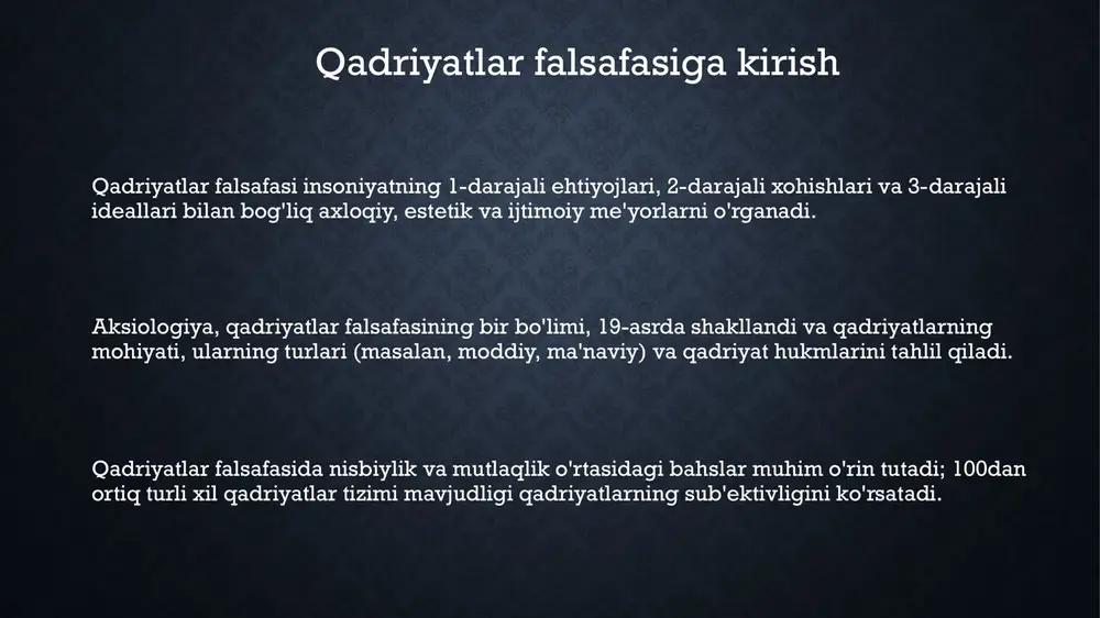 ki 20-asrda ekologik xabardorlikning ortishi barqarorlik kabi yangi qadriyatlarning paydo bo'lishiga olib keldi. globalizatsiya 21-asrda madaniy ta'sirlarni kuchaytirib, gibrid qadriyatlarga olib keldi; masalan, mahalliy an'analarning global iste'mol tendentsiyalari bilan uyg'unlashuvi namunalari bunga misol bo'la oladi. qadriyatlar falsafasining asosiy yo'nalishlari ikkinchi yo'nalish, obyektivizm, qadriyatlar 5+5=10 kabi, inson ongidan tashqarida mavjud bo'lgan 2 ta xaqiqat ekanligini ta'kidlaydi. aksiologiyaning birinchi asosiy yo'nalishi, subyektivizm, qadriyatlarni 100% inson his- tuyg'ulari va shaxsiy preferensiyalarining mahsuli deb hisoblaydi. uchinchi muhim yo'nalish - relativizm. bu qadriyatlar madaniyat va jamiyatga bog'liq o'zgaruvchan hodisa, masalan, 3 ta qadriyat tizimi orqali, deb hisoblaydi. qadriyatlar falsafasining dolzarb muammolari zamonaviy globallashuv sharoitida madaniy xilma-xillikni saqlash va milliy qadriyatlarni himoya qilishning nazariy asoslari va amaliy mexanizmlarini ishlab chiqish dolzarbdir. texnologik taraqqiyotning axloqiy va ekologik oqibatlarini baholash, sun'iy intellektning qadriyatlarga ta'sirini o'rganish, bioetik muammolarga yechim topish muhim ahamiyatga ega. ijtimoiy adolat, tenglik, inklyuzivlik kabi universal qadriyatlarni targ'ib qilish, radikalizm va ekstremizmga qarshi kurashda qadriyat yo'nalishlarini …