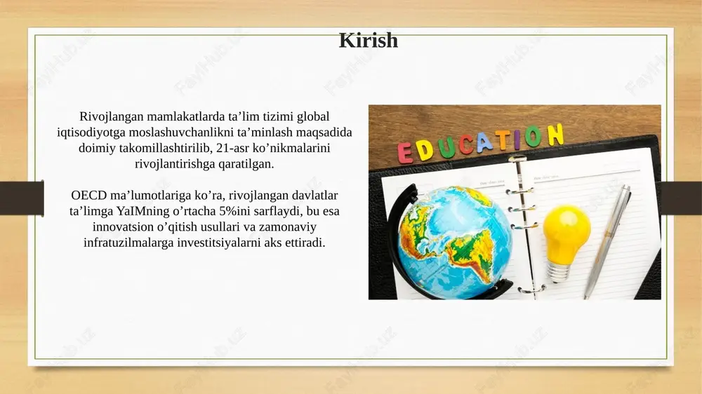 tabgacha ta’lim ko’pincha davlat tomonidan subsidiyalanadi, ayniqsa kam ta’minlangan oilalar uchun, bunda 3 yoshdan 5 yoshgacha bo’lgan bolalar uchun dasturlar mavjud. baholash va imtihonlar ko'pgina rivojlangan davlatlar baholashning formativ usullariga e'tibor berishadi, bu o'quvchilarga individual ehtiyojlariga moslashish uchun muntazam fikr-mulohazalar va moslashuvlar beradi. standartlashtirilgan imtihonlar, masalan, pisa, o'quvchilarning 15 yoshida matematika, o'qish va fanning asosiy sohalarida bilimlarini baholaydi va mamlakatlararo taqqoslash imkonini beradi. xulosalar va tavsiyalar oliy taʼlimda moliyalashtirishni diversifikatsiya qilish zarur, jumladan, davlat grantlari 60% va xususiy sektor investitsiyalari 40% boʻlgan aralash modelga oʻtish tavsiya etiladi. steam (fan, texnologiya, muhandislik, sanʼat, matematika) fanlarini integratsiyalashgan holda oʻqitishni kengaytirish va har bir oʻquvchiga moslashtirilgan taʼlim dasturlarini joriy etish muhim ahamiyatga ega. e'tiboringiz uchun rahmat slide 1 slide 2 slide 3 slide 4 slide 5 slide 6 slide 7 slide 8 slide 9 slide 10 slide 11 slide 12 slide 13 slide 14 slide 15