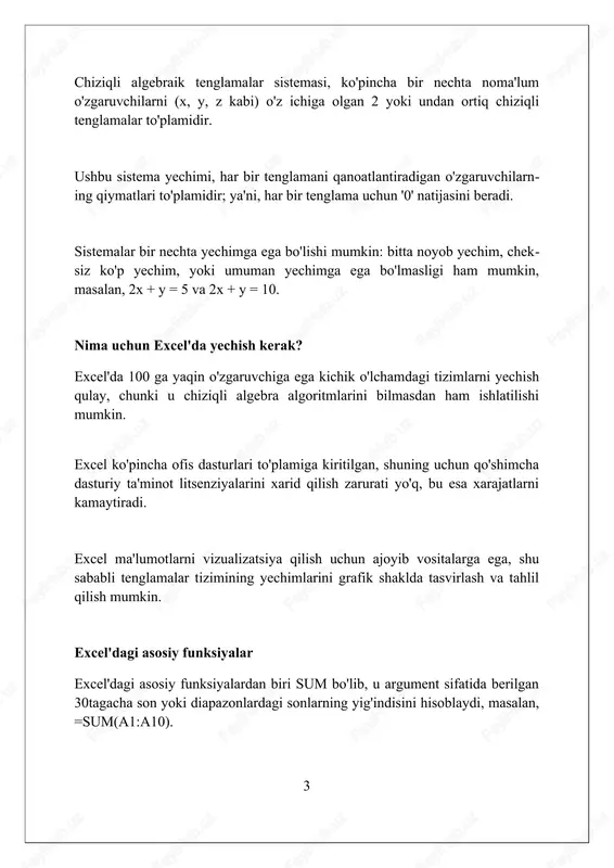 ritsaning har bir qatori birinchi element (pivotal element) orqali bo'linadi va keyingi qatorlardan pivotal elementni yo'qotish uchun foydalaniladi, shu bilan matritsa uchburchak shaklga keltiriladi. gauss usuli orqali 3x3 yoki undan katta sistemalarni yechishda, qadamlar soni ko’payishi sababli xatolik ehtimoli ortadi, shuning uchun ehtiyotkorlik talab etiladi. cramer qoidasi bilan yechish kramer qoidasi deteminantlardan foydalanishni o'z ichiga oladi; n noma'lumli n ta tenglamalar tizimi uchun yechim topishda, har bir noma'lum o'z determinant formulasi bilan aniqlanadi. agar tizimning asosiy determinanti (d) nolga teng bo'lmasa, kramer qoidasi yechimni topish imkonini beradi; d = 0 bo'lgan holatlarda, tizim yechimga ega bo'lmasligi yoki cheksiz ko'p yechimga ega bo'lishi mumkin. kramer qoidasi kichik o'lchamdagi (masalan, 2x2 yoki 3x3) tenglamalar tizimlarini qo'lda yechish uchun juda foydali bo'lsa-da, katta tizimlar uchun hisoblash jihatidan samarali emas, chunki determinantlarni hisoblash ko'p resurs talab qiladi. teskari matritsa usuli bilan yechish teskari matritsa usuli a * x = b ko'rinishidagi tenglamalar tizimini yechishda …