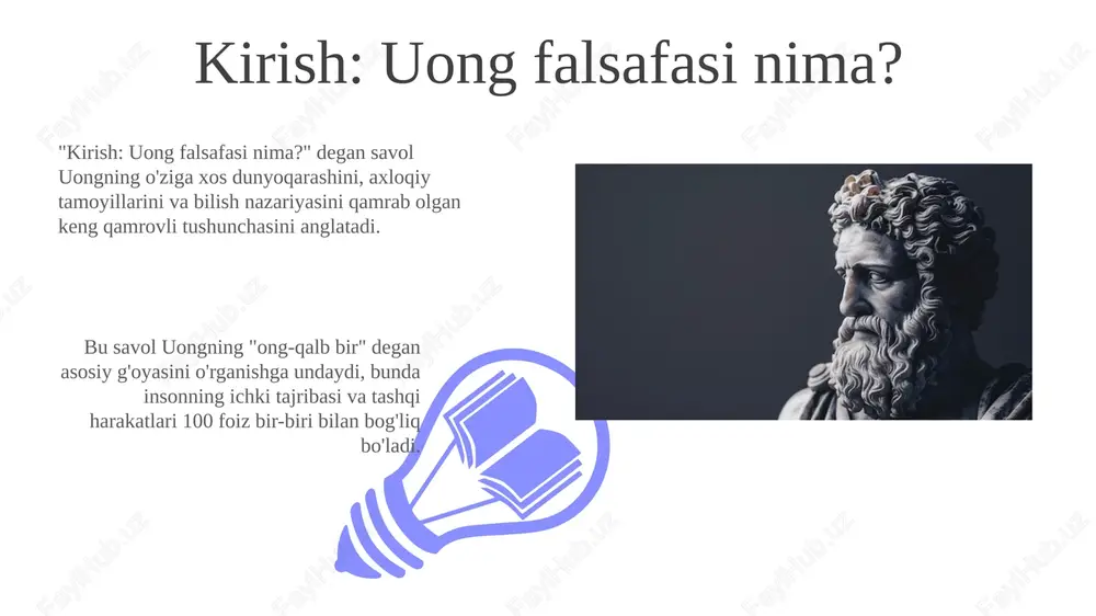 b, auditoriyaning dunyoqarashiga sezilarli ta'sir ko'rsatadi, bu esa 50% gacha kognitiv buzilishlarga olib kelishi mumkin. ijtimoiy tarmoqlar orqali tarqaladigan yolg'on ma'lumotlar (fake news) ongni manipulyatsiya qilishning kuchli vositasidir, bunda 70% hollarda foydalanuvchilar uni haqiqiy deb qabul qilishadi. uongning tanqidlari 01 02 "uongning tanqidlari" asosan markazlashuvga qarshi argumentlarni o'z ichiga oladi, chunki u davlatning iqtisodiy roliga haddan tashqari aralashuv sifatida qaradi. uong falsafasining dolzarbligi global muammolar, masalan, ekologiya va adolatsizlik, ong falsafasining insoniyatning axloqiy majburiyatlari nuqtai nazaridan dolzarbligini oshiradi, 21-asr uchun muhimdir. texnologik taraqqiyot, ayniqsa sun'iy intellektning rivojlanishi ong falsafasining bilim, ong va axloqiy javobgarlik kabi masalalarga yangicha yondashuvini talab qiladi. zamonaviy adabiyotga ta'siri ong falsafasining ta'siri psixologik realizmning yangi shakllarida namoyon bo'ladi, unda personajlarning ichki dunyosi 2.0 texnologiyasi orqali chuqur tahlil qilinadi. zamonaviy adabiyot ong falsafasi orqali 1984 yildan keyingi distopiyalarda ongni nazorat qilish, shaxsiyatni yo'qotishning 3 yo'li kabi mavzularni chuqur o'rganmoqda. ta'lim va savodxonlik savodxonlik darajasi ong falsafasining muhim …
