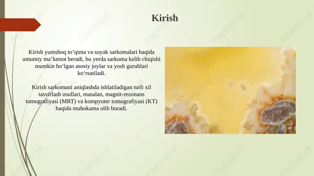 kldan iborat. nojo'ya ta'sirlar va ularni boshqarish noxush ta'sirlarni boshqarish uchun dozani sozlash muhim. masalan, 3-darajali nojo'ya ta'sirda dozani 25-50% ga kamaytirish mumkin, shuningdek dori vositalarini qo'llash mumkin. ba'zi nojo'ya ta'sirlarni davolashda qo'llab- quvvatlovchi davolash usullari, masalan, antiemetiklar (ko'ngil aynishi uchun) yoki og'riq qoldiruvchi vositalar (og'riq uchun) simptomlarni kamaytirish uchun samarali bo'lishi mumkin. prognoz prognoz, sarkoma holatlarida, o'simta turi, darajasi va bemorning yoshini hisobga olgan holda, 5 yillik omon qolish ehtimolini aniqlashga yordam beradi. prognoz ko'pincha jarrohlik, radiatsiya va kimyoterapiya kabi davolash usullarining samaradorligini baholash uchun ishlatiladi hamda davolash strategiyalarini yaxshilashga xizmat qiladi. tadqiqot va rivojlanish saratonning mikromuhitiga ta'sir qiluvchi yangi maqsadlarni aniqlash uchun erta bosqichdagi tadqiqotlar, masalan, o'simta-stroma o'zaro ta'siri va immunitetni bostirish mexanizmlarini chuqur o'rganish zarur. sarcoma kasalligiga chalingan bemorlarning klinik natijalarini yaxshilash uchun maqsadli terapiya va immunoterapiya kabi innovatsion davolash usullarini sinab ko'rish bo'yicha klinik tadqiqotlarni kuchaytirish lozim. e'tiboringiz uchun rahmat slide 1 slide 2 slide 3 …