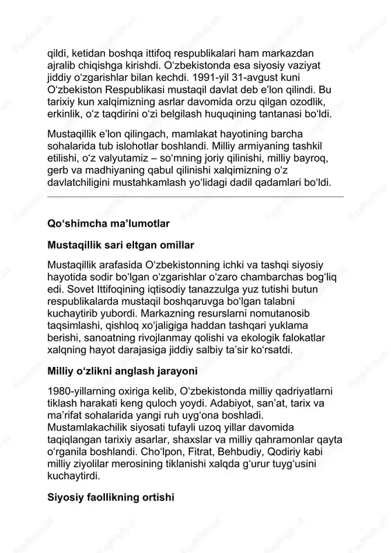 q ʻ ʻ ʻ edi. sovet ittifoqining iqtisodiy tanazzulga yuz tutishi butun respublikalarda mustaqil boshqaruvga bo‘lgan talabni kuchaytirib yubordi. markazning resurslarni nomutanosib taqsimlashi, qishloq xo‘jaligiga haddan tashqari yuklama berishi, sanoatning rivojlanmay qolishi va ekologik falokatlar xalqning hayot darajasiga jiddiy salbiy ta’sir ko‘rsatdi. milliy o‘zlikni anglash jarayoni 1980-yillarning oxiriga kelib, o‘zbekistonda milliy qadriyatlarni tiklash harakati keng quloch yoydi. adabiyot, san’at, tarix va ma’rifat sohalarida yangi ruh uyg‘ona boshladi. mustamlakachilik siyosati tufayli uzoq yillar davomida taqiqlangan tarixiy asarlar, shaxslar va milliy qahramonlar qayta o‘rganila boshlandi. cho‘lpon, fitrat, behbudiy, qodiriy kabi milliy ziyolilar merosining tiklanishi xalqda g‘urur tuyg‘usini kuchaytirdi. siyosiy faollikning ortishi o sha yillarda jamiyatda siyosiy ong o‘sdi, jamoat tashkilotlari, ʻ harakatlar va norozilik yig‘inlari paydo bo‘la boshladi. o‘zbekistonning o‘z taqdirini o‘zi belgilashi kerakligi haqidagi fikr tobora umumxalq talabiga aylandi. 1989-yil “davlat tili to‘g‘risida”gi qonunning qabul qilinishi ham milliy mustaqillik sari tashlangan muhim qadamlardan biri edi. suverenitet deklaratsiyasi ahamiyati 1990-yil 20-iyunda qabul …