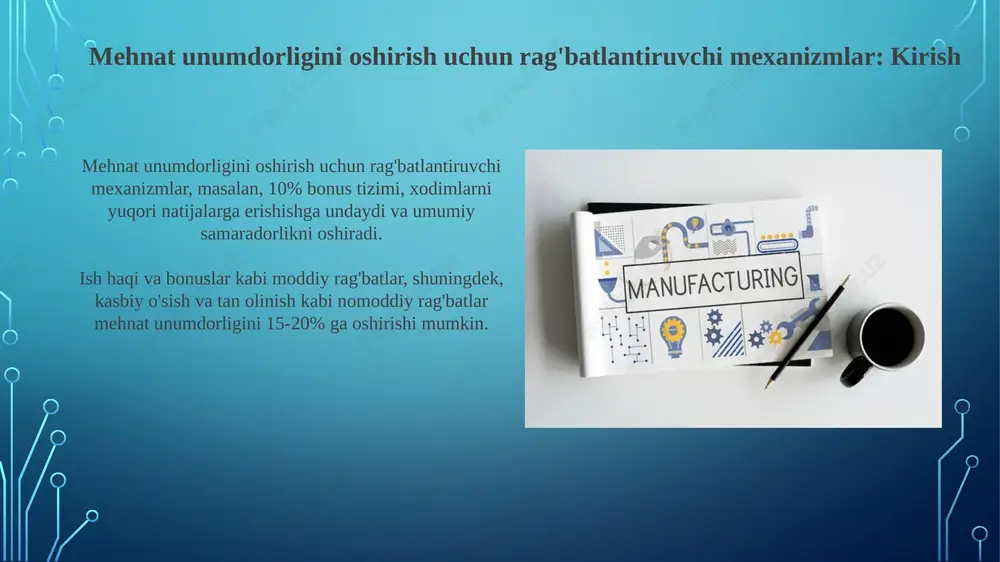 ili: rag'batlantirish mezonlari, muddatlari va jarayonlari xodimlarga aniq tushuntirilishi lozim, har bir xodim o'z imkoniyatlarini baholay olsin. rag'batlantirish tizimini joriy etish bosqichlari 1-bosqichda maqsadlarni aniq belgilash, masalan, ishlab chiqarish hajmini 15% ga oshirish va erishish mumkin bo'lgan, o'lchanadigan, erishish mumkin bo'lgan, real va vaqt bilan chegaralangan bo'lishi shart. 2-bosqichda, xodimlarning vazifalari va majburiyatlarini aniqlash, ularning qaysi ko'rsatkichlari rag'batlantirishga ta'sir qilishini belgilash. kpi (asosiy ko'rsatkich) tizimini joriy etish juda muhimdir. rag'batlantirishning potentsial kamchiliklari va ularni bartaraf etish yo'llari rag'batlantirishning potentsial kamchiligi, bu noto'g'ri o'lchovlardan kelib chiqishi mumkin: faqat miqdorni o'lchash sifatni pasaytirishi, 80/20 qoidasiga zid bo'lishi mumkin. jamoaviy rag'batlantirishlar shaxsiy javobgarlikni kamaytirishi mumkin, ya'ni 'bepul yuklovchi' muammosini keltirib chiqaradi. buni aniq vazifalar va 360 darajali baholash orqali hal qilish mumkin. turli sohalarda rag'batlantirish mexanizmlari: misollar it sohasida aksiyalarni berish, 10-15% gacha loyiha bonuslari va shaxsiy o'sish rejalari orqali yuqori natijalarga erishish rag'batlantiriladi. sanoatda, ishlab chiqarish hajmini 20% ga oshirish uchun brigadalarga …