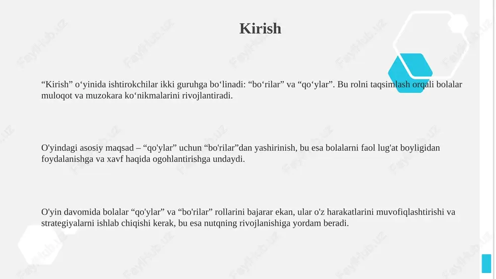 'proq so'z aytadi?” o'yini orqali, mavzuga oid 10-15 ta so'zni topishni rag'batlantiradi, bu esa xotirani mustahkamlaydi. “lug'at boyitish mashqlari” bolalarning so'z boyligini 300-500 ta so'zga ko'paytirishga yordam beradi, bu orqali nutq rivojlanishining 2-3 bosqichini o'tish tezlashadi. maxsus tuzilgan “so'zlar banki” 50 dan ortiq mavzuni qamrab oladi va har bir mavzu bo'yicha 20-30 ta so'zni o'z ichiga oladi, bu esa o'quv jarayonini optimallashtiradi. talaffuz ustida ishlash “talaffuz ustida ishlash”da fonetik tahlil muhim: 44 ta tovushni to‘g‘ri talaffuz qilish, so‘zlarning 12 bo‘g‘inli tuzilishini aniqlashda yordam beradi. o‘yinlar orqali talaffuzni rivojlantirish 3 asosiy bosqichda amalga oshiriladi: tayyorgarlik, talaffuz mashqlari va mustahkamlash, 5 marta takrorlash lozim. talaffuz ustida ishlashda 2 xil metoddan foydalanish mumkin: artikulyatsion mashqlar, bu 10 ta turli xildagi mashqlarni o'z ichiga oladi va nutqiy materiallar bilan ishlash. grammatikani mustahkamlash “grammatikani mustahkamlash” orqali nutq o‘stirishda, gap tuzilishining 3 asosiy elementi – ega, kesim va to‘ldiruvchi munosabatini tushunish muhim rol o‘ynaydi. “grammatikani mustahkamlash” …