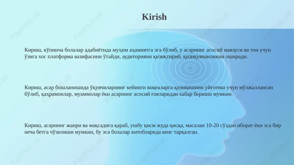 langan boʻlib, unda mehnatsevarlik, halollik va bilim olishga intilish kabi axloqiy tamoyillar targʻib qilinadi. “xulosa”dagi voqealar asosan qishloq hayoti bilan bogʻliq boʻlib, unda dehqonchilik va hunarmandchilik kabi anʼanaviy kasblar tasvirlangan, bu yosh avlodga milliy merosni oʻrgatadi. e'tiboringiz uchun rahmat image2.png image1.png