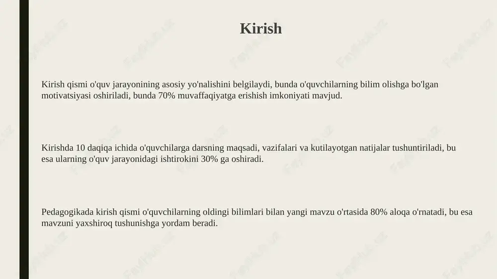 k, adolat, mas'uliyat, hurmat, rahm-shafqat) singdirish orqali ijtimoiy moslashuvchanlikni oshiradi. estetik tarbiya qonunlari shaxsning 7 ta asosiy san'at turi (musiqa, tasviriy san'at, teatr va h.k.) orqali go'zallikni his qilish qobiliyatini rivojlantirib, ijodiy salohiyatni oshiradi. ta'lim jarayonida qonunlarning o'zaro bog'liqligi kadrlar tayyorlash milliy dasturi bilan 'ta’lim to’g’risida'gi qonun o’rtasida uzviy bog’liqlik mavjud, bu esa uzluksiz ta’lim tizimini (0 yoshdan umrbod) rivojlantirishga qaratilgan. ta’lim jarayonida konstitutsiyaning 41-moddasi ta’lim olish huquqini kafolatlaydi, bu esa 'ta’lim to’g’risida'gi qonunning asosiy prinsipidir va uzviy bog’liqdir. mehnat kodeksining 238-moddasi va 'ta’lim to’g’risida'gi qonun talabalarning ishlab chiqarish amaliyotini o’tash huquqini belgilaydi, bu esa amaliy ko’nikmalarni shakllantirish uchun muhimdir. o'qituvchining ta'lim va tarbiya qonunlaridagi roli o'qituvchi, «ta'lim to'g'risida»gi qonunning 6-moddasiga asosan, o'quvchilarni har tomonlama rivojlantirish, ularda milliy va umuminsoniy qadriyatlarni shakllantirishda muhim rol o'ynaydi. pedagog 1997-yilgi kadrlar tayyorlash milliy dasturining 2.3-bo'limida belgilanganidek, ta'lim sifatini oshirish, innovatsion texnologiyalarni qo'llash orqali tarbiya jarayonini takomillashtiradi. o'qituvchining vazifasi, konstitutsiyaning 41-moddasiga muvofiq, har bir …