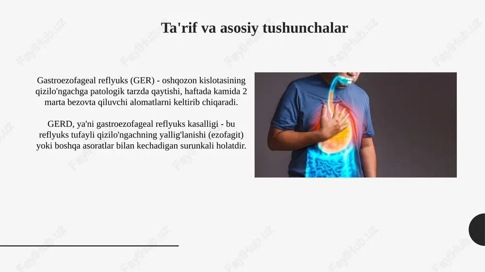 nilar oshqozon kislotasini ishlab chiqaradigan parietal hujayralardagi vodorod-kaliy atfaza fermentini bloklaydi, bu esa kislota sekretsiyasini 90-95% ga kamaytiradi, simptomlarni yengillashtiradi. pnilar odatda 4-8 hafta davomida qabul qilinadi, lekin ba'zi bemorlar uzoq muddatli davolanishga muhtoj bo'lishi mumkin. dozani shifokor belgilaydi va qat'iy rioya qilish zarur. xirurgik davolash: fundoplikatsiya fundoplikatsiya jarrohlik usuli qizilo'ngachning pastki sfinkterini mustahkamlash uchun me'daning yuqori qismini (fundusni) qizilo'ngach atrofida o'rashni o'z ichiga oladi. nissen fundoplikatsiyasi eng keng tarqalgan turi bo'lib, me'da fundusi qizilo'ngach atrofida 360 gradusga o'raladi, refluksni samarali ravishda oldini oladi. boshqa xirurgik muolajalar boshqa muqobil variant - bu cho'ziluvchan kardioplastika bo'lib, u kardiyani shishib ketgan balon yordamida kengaytirishni o'z ichiga oladi, bu esa 60-80% hollarda simptomlarni yaxshilaydi. magnit sfinkter qurilmasi, masalan, linx tizimi, pastki qizilo'ngach sfinkteri atrofida titan boncuklarining halqasini o'rnatishni o'z ichiga oladi, bu esa refluxni 40-60% gacha kamaytiradi. asoratlar asoratlar 5-10% hollarda barrett qizilo'ngachiga olib kelishi mumkin, bu esa qizilo'ngach saratoni xavfini oshiradi. bu …