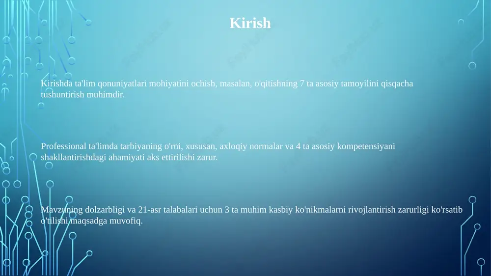 chi, pedagogik faoliyat kodeksiga binoan, o'z kasbiy mahoratini doimiy ravishda oshirib borishi, innovatsion ta'lim texnologiyalarini qo'llashi va o'quvchilarning bilim olishiga ko'maklashishi kerak. talabalarning shaxsiy xususiyatlarini hisobga olish shaxsiy o'quv tezligini hisobga olish, ayniqsa, 15% sekin o'qiydigan talabalar uchun moslashtirilgan topshiriqlar berish muhim ahamiyatga ega. talabalarning kognitiv uslublarini inobatga olish, masalan, 70% vizual o'rganuvchilar uchun vizual materiallardan foydalanish samaradorlikni oshiradi. intellektning turli xil turlarini (masalan, 30% mantiqiy, 25% lingvistik) tushunish ta'lim strategiyalarini optimallashtirishga yordam beradi. ta'limda innovatsion texnologiyalardan foydalanish ta’limda innovatsion texnologiyalar, masalan, 3d modellashtirish orqali o’quv materiallarini vizuallashtirish, tushunish darajasini 25% ga oshirishi mumkin. virtual reallik (vr) texnologiyalari yordamida talabalar xavfsiz muhitda amaliy ko’nikmalarni egallashlari mumkin, bu esa xatolik xavfini kamaytiradi. sun’iy intellektga asoslangan adaptiv o’quv platformalari har bir talabaning individual ehtiyojlariga moslashib, o’quv jarayonini 30% ga tezlashtirishi mumkin. ta'lim muhitining ta'siri ta'lim muhitining ijobiy ta'siri talabalarning 75% gacha o'zlashtirish darajasini oshirishi mumkin, bu esa interaktiv usullar bilan bog'liq. noto'g'ri …