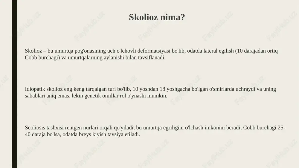 umkin: elkalar, bel va sonlar assimetrik bo'lib qoladi. bu holat 20% bemorlarda psixologik muammolarni keltirib chiqaradi, depressiya va ijtimoiy izolyatsiyaga olib keladi. skoliozning oldini olish mumkinmi? skolioz rivojlanish xavfini kamaytirish uchun bolalarga 1-3 yoshdan boshlab to'g'ri o'tirish va turishga o'rgatish muhim. skoliozni to'liq oldini olish qiyin, lekin erta aniqlash va muntazam mashqlar bilan 10-25 darajali egilishni nazorat qilish mumkin. og'ir yuklarni bir tomonga tashimaslik, 15-20 daqiqalik orqa mushaklarni mustahkamlovchi mashqlar skoliozning oldini olishga yordam beradi. to‘g‘ri qad-qomatni saqlash to‘g‘ri qad-qomatni saqlash uchun stolda o‘tirganda tizzalar 90 gradus burchak ostida bo‘lishi, oyoqlar yerga tekkan holda, bel suyagi esa o‘rindiqqa tegib turishi zarur. jismoniy mashqlar, ayniqsa orqa mushaklarini mustahkamlovchi mashqlar, qad-qomatni saqlashda muhim rol o‘ynaydi; haftasiga kamida 150 daqiqa o‘rtacha intensivlikdagi mashq tavsiya etiladi. og‘ir yuklarni ko‘tarishda ehtiyot bo‘lish lozim; yukni imkon qadar tanaga yaqinroq ushlang, tizzalarni buking va belni to‘g‘ri tuting, yukning og‘irligi 20 kg dan oshmasligi maqsadga muvofiq. og‘ir yuklarni …