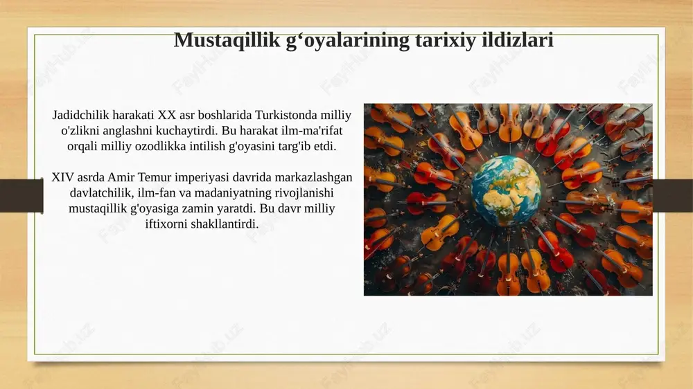 i qo'llab-quvvatlaganini ko'rsatdi, bu esa o'z taqdirini o'zi belgilash istagini anglatardi. mustaqillikning e’lon qilinishi: ichki va tashqi omillar 1991-yil avgustdagi moskvadagi davlat to'ntarishiga urinish, o'zbekistonda mustaqillik e'lon qilinishi uchun katalizator bo'ldi, bu ichki siyosiy beqarorlikni tezlashtirdi. ittifoq respublikalaridagi iqtisodiy tanazzul va markazlashgan boshqaruvning samarasizligi, o'zbekiston xalqining o'z taqdirini o'zi belgilash istagini kuchaytirdi. siyosiy partiyalar va harakatlarning roli "birlik" xalq harakati 1989-yilda milliy oʻzlikni anglash va mustaqillikka intilishda muhim rol oʻynadi, ayniqsa 1990-yillardagi saylovlarda faol ishtirok etdi. oʻzbekiston xalq demokratik partiyasi (oʻxdp) 1991-yilda tashkil topgan boʻlib, sobiq kommunistik partiya negizida tuzilgan va siyosiy sahnada asosiy kuchga aylandi. iqtisodiy vaziyat va islohotlarga zarurat 1980-yillarda paxta yakkahokimligi sababli respublika iqtisodiyoti qoloqlashdi, bu esa mustaqillikdan oldin chuqur islohotlar o'tkazish zaruratini keltirib chiqardi. sanoatning rivojlanmaganligi, asosan, xomashyoga yo'naltirilganligi va tovar taqchilligi 1991-yilga kelib bozor munosabatlariga o'tishni tezlashtirdi. mustaqillikka erishishdagi ziyolilarning o‘rni ziyolilar xx asr boshida jadidchilik harakati orqali milliy o'zlikni anglash, ma'rifatni yoyish va ijtimoiy-siyosiy …