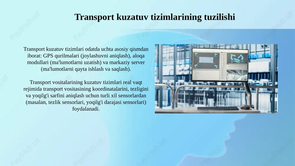 larini saqlash uchun xavfsiz va arzon platformani taqdim etadi va 99.99% ish vaqtini kafolatlaydi. xavfsizlik va ma'lumotlarni himoya qilish transport kuzatuv tizimlarida xavfsizlik 128-bitli aes shifrlash kabi kuchli algoritmlar orqali ma'lumotlarni himoya qilishga qaratilgan, ruxsatsiz kirishni oldini oladi. ma'lumotlar himoyasi gps koordinatalari va vaqt belgilari kabi sezgir ma'lumotlarni tls 1.3 protokoli orqali shifrlash orqali ta'minlanadi va shaxsiy hayotni saqlaydi. real vaqtda kuzatuv real vaqtda kuzatuv gps, gsm va boshqa sensorlardan olingan ma'lumotlarni qayta ishlash orqali, ob'ektning joylashuvi, tezligi va yo'nalishini aniqlash uchun ishlatiladi. ushbu tizimlar kalman filtrlari kabi signalni qayta ishlash algoritmlaridan foydalanadi, bu esa ma'lumotlardagi shovqinni kamaytirish va aniqlikni oshirish imkonini beradi. geofencing va bildirishnomalar geofencing virtual perimetrlarni yaratadi, bu esa belgilangan hududga kirish yoki chiqishda bildirishnomalarni avtomatik tarzda ishga tushirish imkonini beradi, bu logistika uchun muhim. bildirishnomalar real vaqtda ogohlantirishlarni ta'minlaydi, masalan, yuk mashinasi belgilangan geofence zonasiga kirganda, kechikishlarni kamaytirish va xavfsizlikni oshirish uchun. tizimning arxitekturasi va komponentlari …