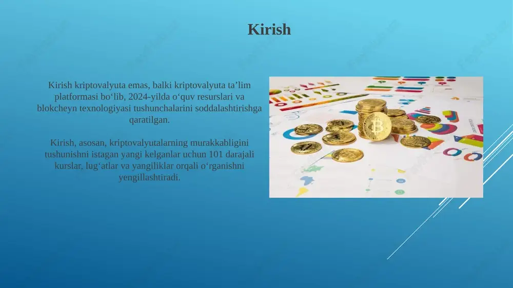 musiqa yoki virtual mulk. blockchain texnologiyasi ularning egaligini tasdiqlaydi, ularni 100% almashtirib bo'lmaydigan holga keltiradi. 2021-yilda nft bozorining hajmi 17 milliard dollardan oshdi. bu raqamli san'at va kolleksiyalar uchun misli ko'rilmagan talab borligini ko'rsatadi. kriptovalyutalarning afzalliklari va kamchiliklari kriptovalyutalarning afzalliklaridan biri, tranzaksiyalarning tezligi bo'lib, odatda 10 daqiqa ichida amalga oshiriladi, bank tranzaksiyalari esa 1-5 ish kunini olishi mumkin. kriptovalyutalarning kamchiliklaridan biri volatillikdir; masalan, bitcoin narxi bir necha soat ichida 10-20 foizga o'zgarishi mumkin, bu investitsiya xavfini oshiradi. xulosa va kelajak trendlar kelajakda markazlashmagan moliya (defi) 2.0 yechimlari 10 barobar tezroq tranzaksiyalarni ta'minlash va barqarorlikni oshirish uchun gibrid protokollarni ishga tushiradi. regulyativ aniqlik ortishi bilan, 2024-2025 yillarda tokenlashtirilgan qimmatli qog'ozlar bozorining hajmi 5 trillion dollardan oshishi kutilmoqda, bu esa institutsional investitsiyalarni jalb qiladi. e'tiboringiz uchun rahmat image2.jpg image3.jpg image4.jpg image5.jpg image6.jpg image7.jpg image8.jpg image9.jpg image10.jpg image11.jpg image12.jpg image13.jpg