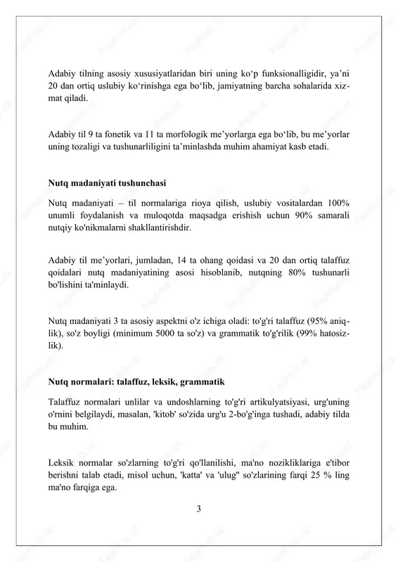 li obrazlilik, ta'sirchanlik va emotsionallikni oshiradi. fonetik uslubiyat 20 dan ortiq tovush imkoniyatlari (alliteratsiya, assonans, tovushga taqlid) orqali nutqning ohangdorligini kuchaytirib, estetik ta'sirni oshiradi. nutqning to'g'riligi, aniqligi, ravshanligi va ta'sirchanligi nutqning to'g'riligi, 1-navbatda, adabiy til me'yorlariga qat'iy rioya qilishni talab etadi, jumladan, grammatik va leksik qoidalarga mos kelish muhim. nutqning aniqligi so'zlarni tanlashda 2 xil ma'nolilikdan qochishni, har bir so'zning 3 talaffuziga e'tibor berib, fikrni tushunarli ifodalashni anglatadi. nutqning ta'sirchanligi 4 usulda erishiladi: intonatsiya, mimika, imo-ishoralar va 5 xil nutqiy vositalar yordamida tinglovchiga emotsional ta'sir o'tkazish orqali namoyon bo'ladi. nutq odobi va etiket qoidalari 'nutq odobi' suhbatdoshga hurmat, tinglash qobiliyati, fikrni aniq ifodalashni o'z ichiga oladi. masalan, 'siz'lash va unvondan foydalanish muhim. etiket qoidalari rasmiy va norasmiy vaziyatlarda farqlanadi. misol uchun, biznes uchrashuvida 'assalomu alaykum' deb salomlashish odobdan hisoblanadi. 'nutq madaniyati' adabiy til me'yorlariga rioya qilish, sheva va jargonlardan qochishni anglatadi. grammatik to'g'rilik nutqning sifatini belgilaydi. o'zbek adabiy tilida murojaat …
